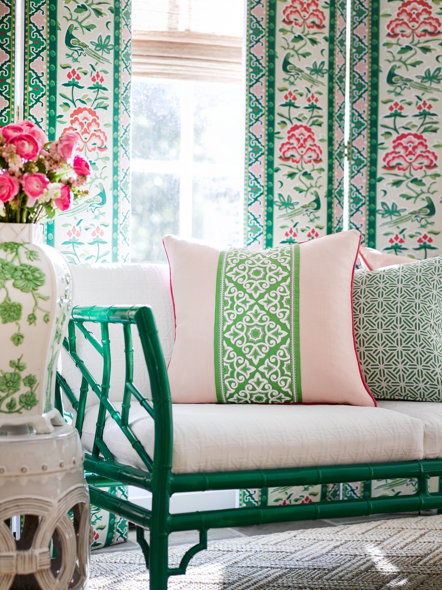 SCALAMANDRE ROYAL PEONY LINEN PRINT FABRIC SPRING GREEN - SC 000216613 NEW SKU # SC166130002