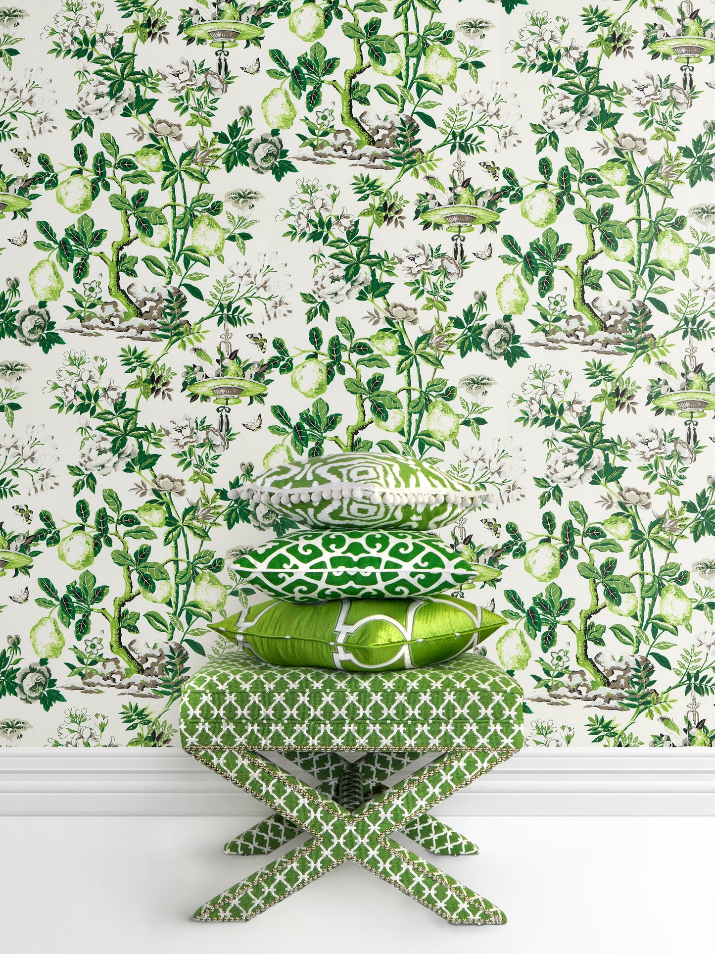 Shantung Garden Verdance wallpaper by Scalamandré, featuring green botanical branches, fruits, and butterflies on a white non-woven background – perfect for luxury interiors