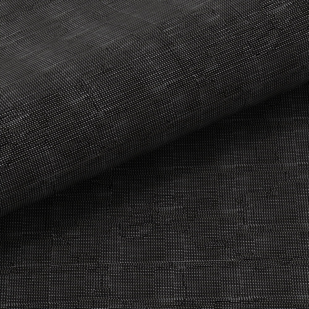 Dark charcoal woven fabric with a tight texture and folded edge, suitable for upholstery or bags.