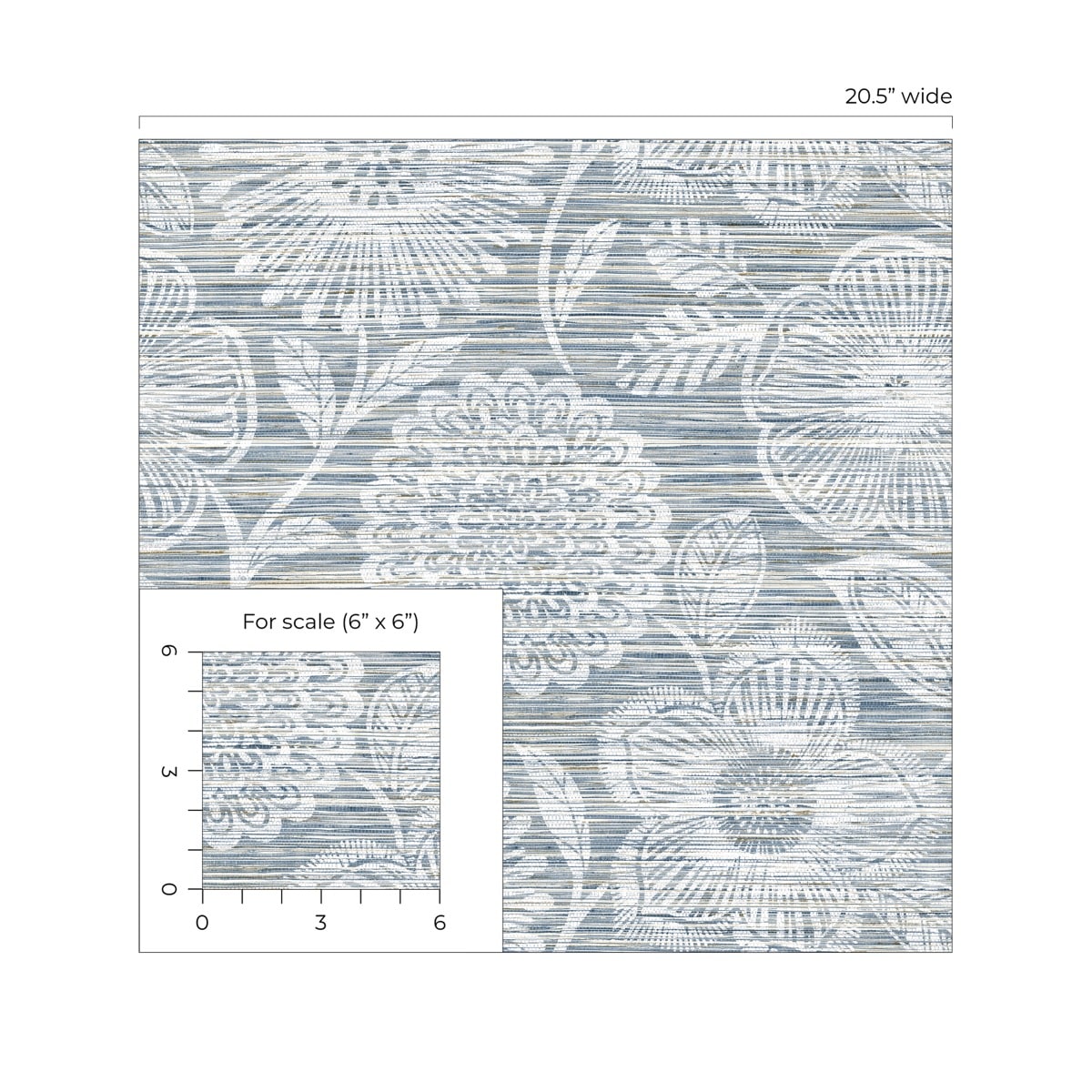 Blue and white faux grass floral wallpaper swatch with scale inset showing 6x6 inches.