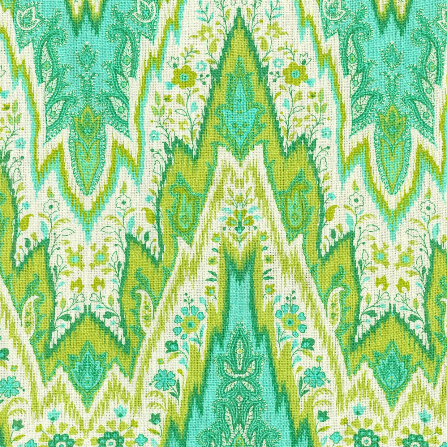 Bright turquoise and lime green shibori/ikat linen fabric with floral chevron motifs.