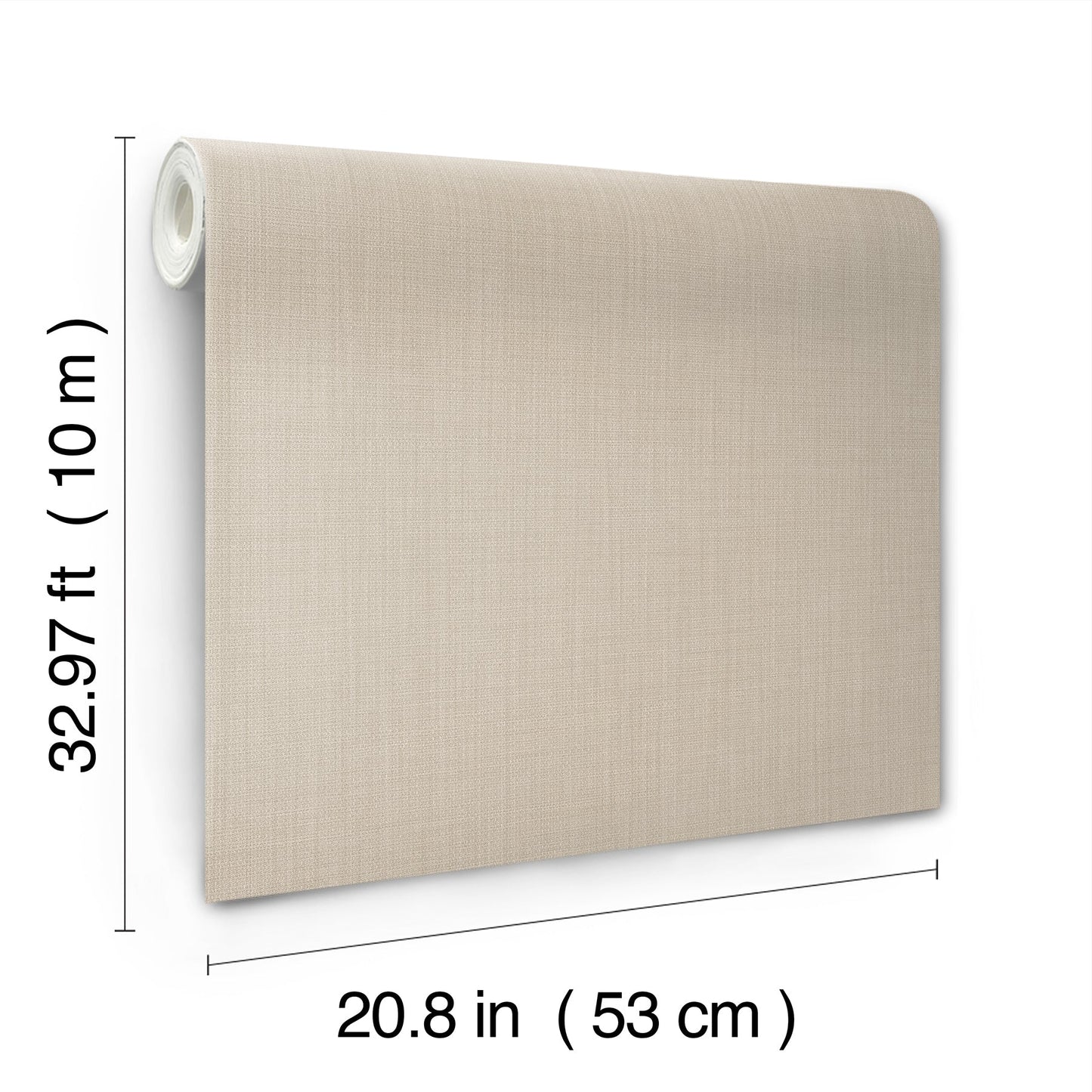 Beige linen-look wallpaper roll, 53 cm wide by 10 m long, for wall covering.