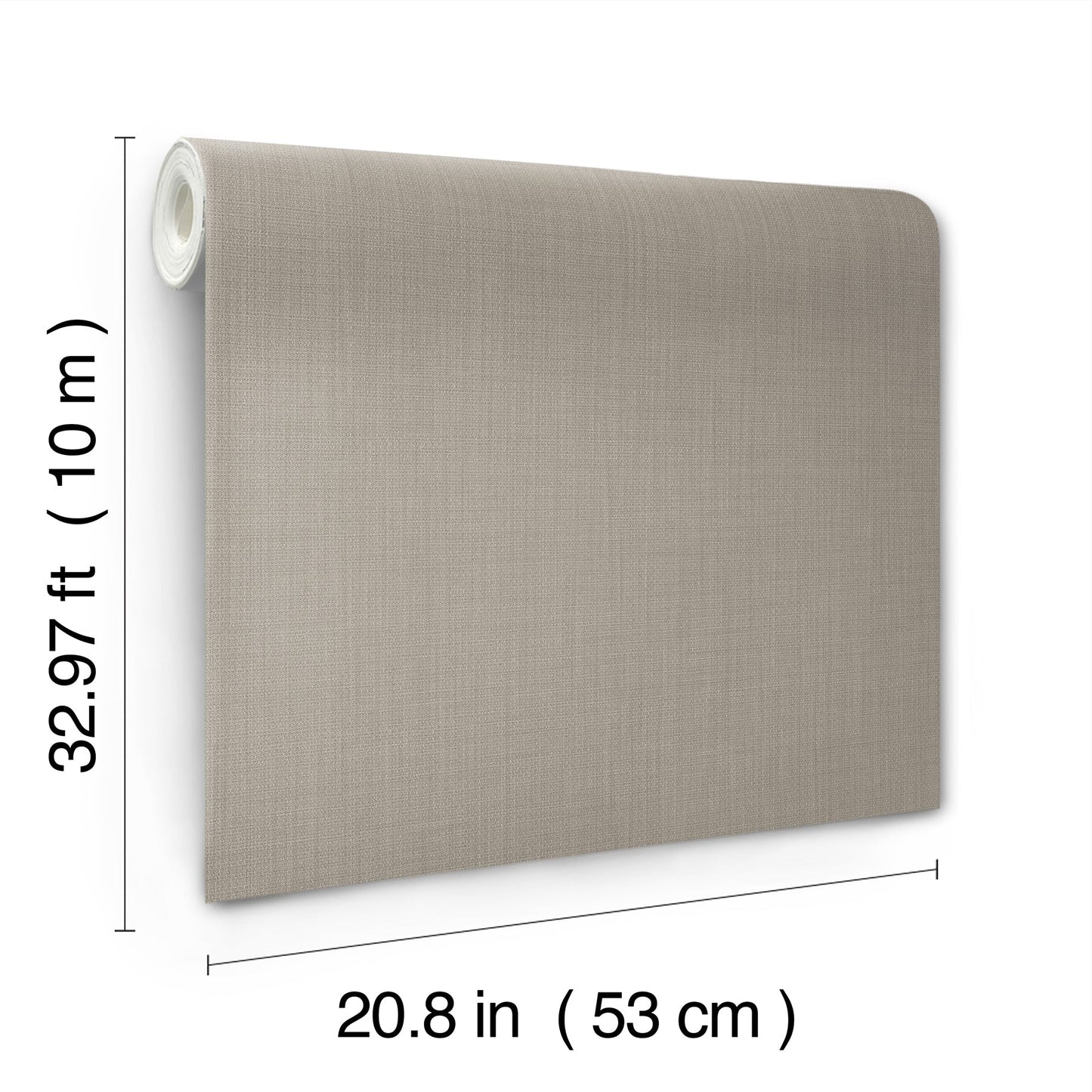 Beige textured wallpaper roll with woven fabric-like finish, 53 cm wide by 10 m long.