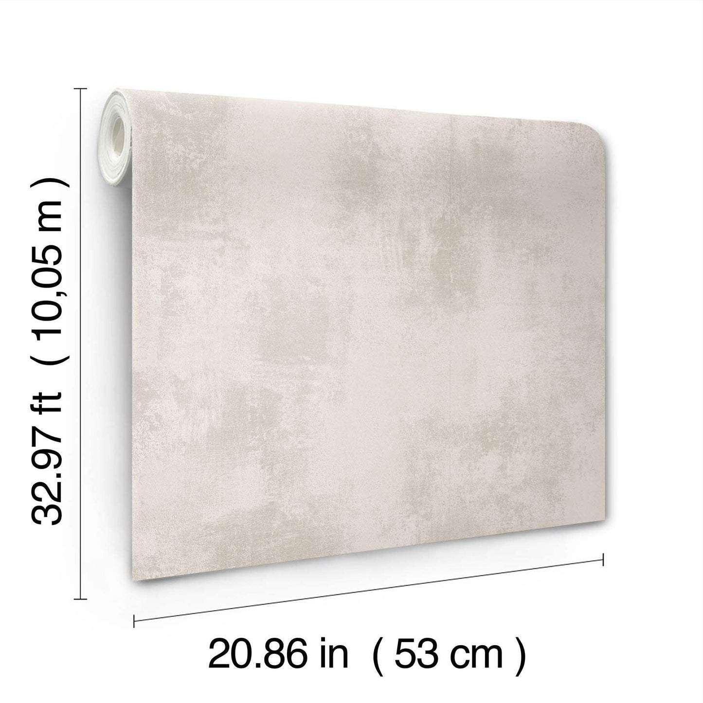 Beige distressed concrete‑style wallpaper roll, 53 cm wide and 10.0 m long, rolled edge.