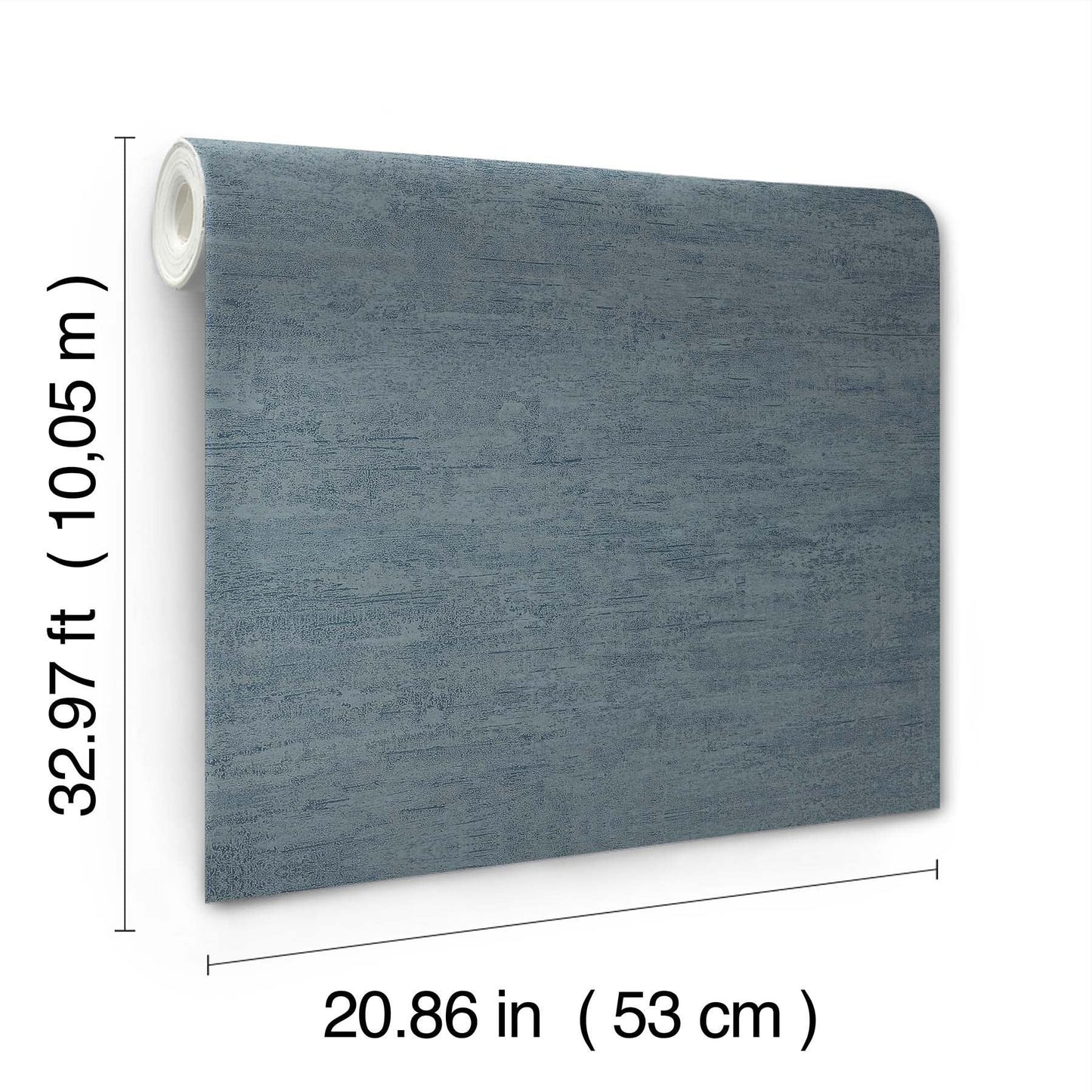 Blue distressed textured wall panel canvas, rolled core on left; rectangular, 53 cm wide by 10.05 m tall.