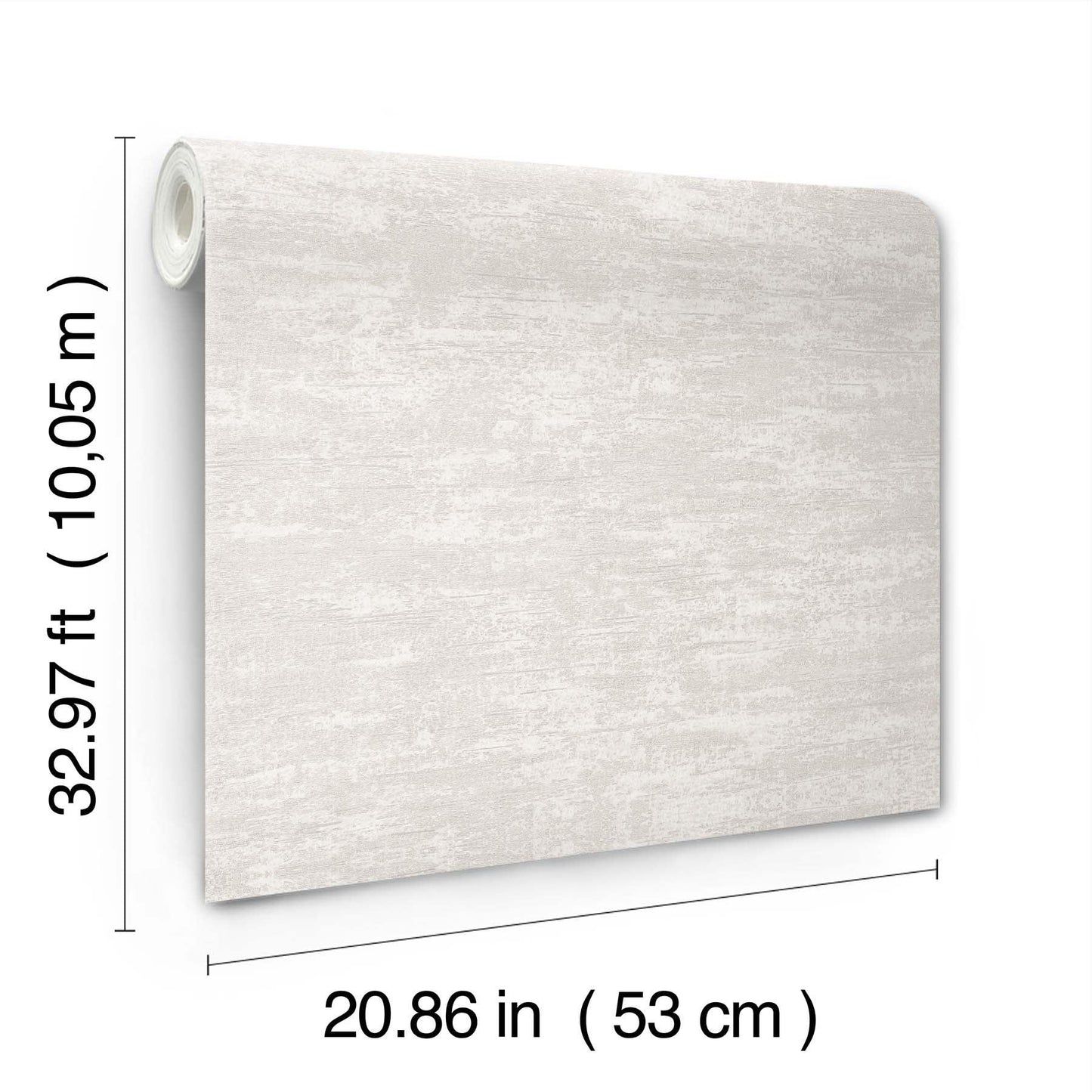 Beige distressed-texture wallpaper panel with rolled edge on left, 53 cm wide by 10.05 m long.