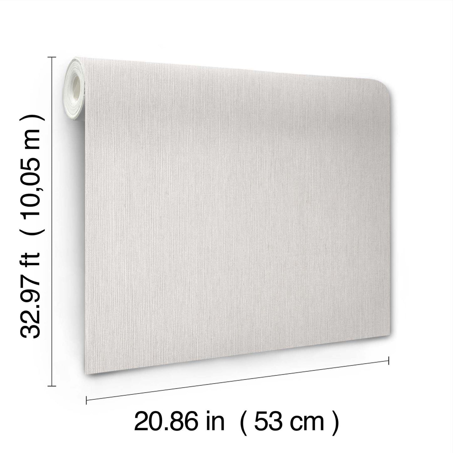 Warm grey fabric-textured wallpaper roll, 53 cm wide by 10.05 m long.