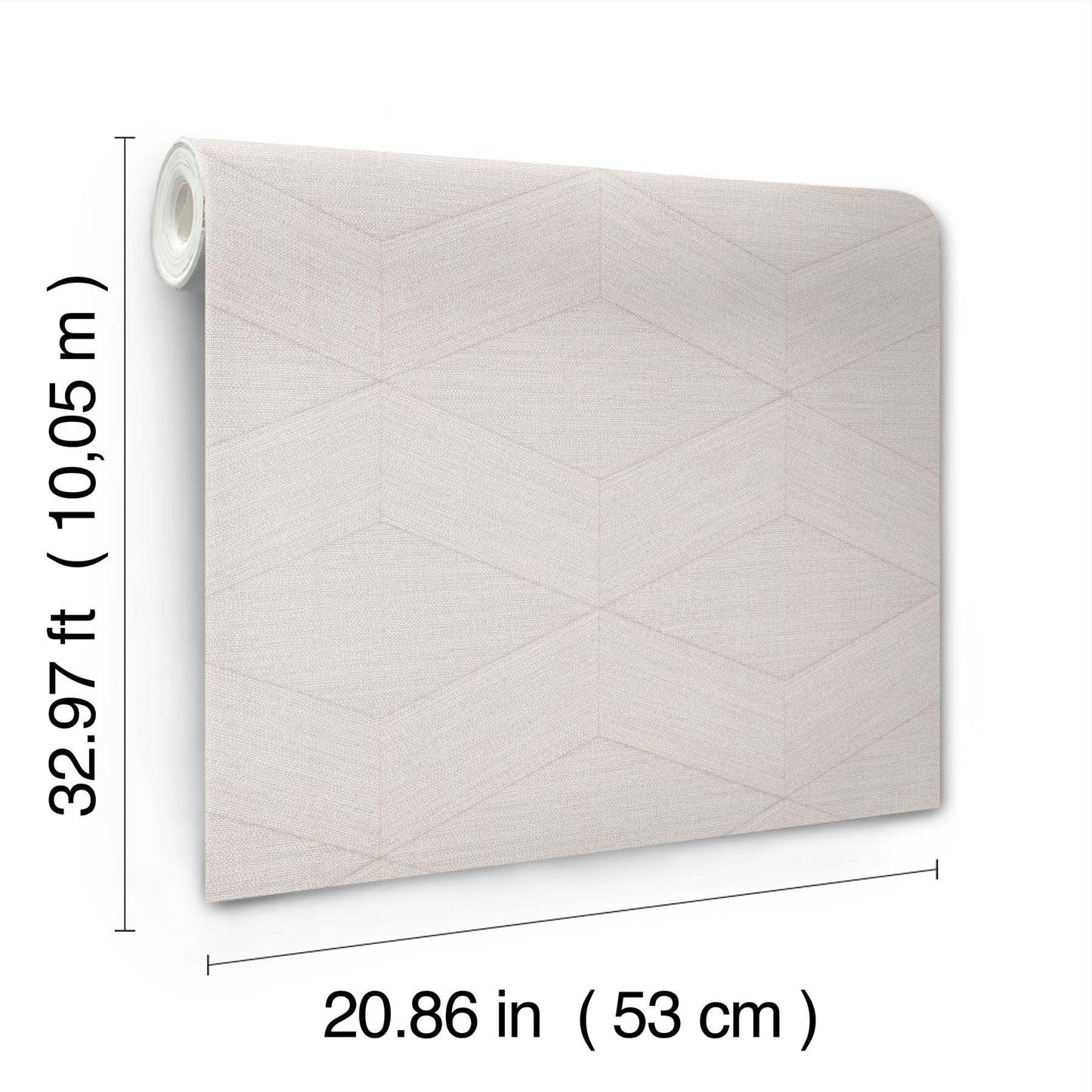 Warm grey geometric wallpaper with a subtle chevron cube pattern, rolled edge; 53 cm wide by 10.05 m long.
