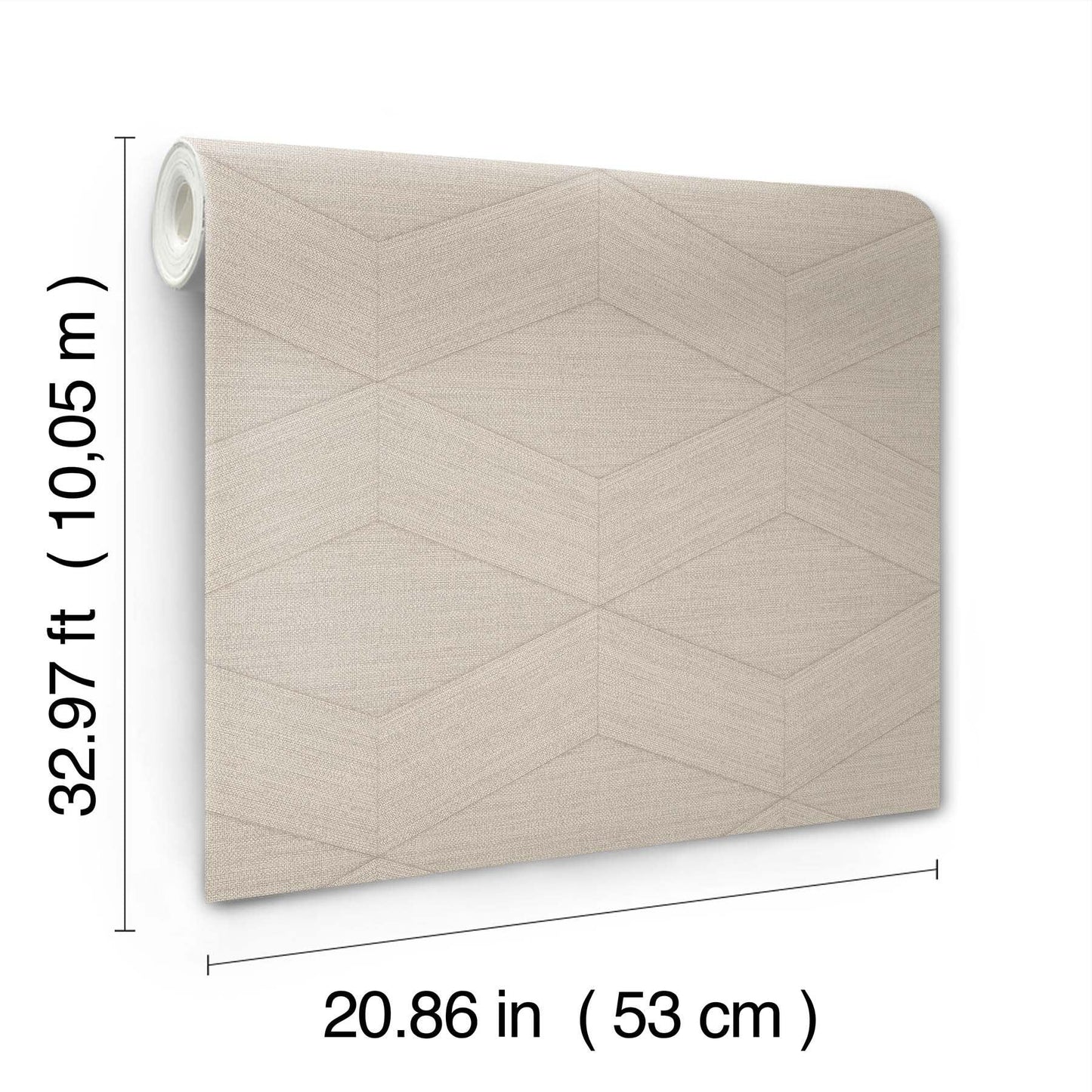 Beige textured wallpaper with geometric chevron pattern; fabric-like surface, roll shown, 53 cm wide, 10.05 m long.