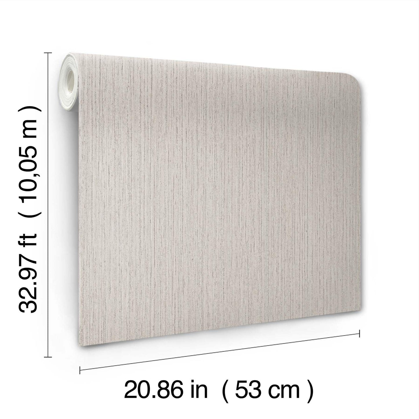 Beige textured wallpaper panel with subtle wood-grain, 53 cm wide by 10 m long, roll on left.