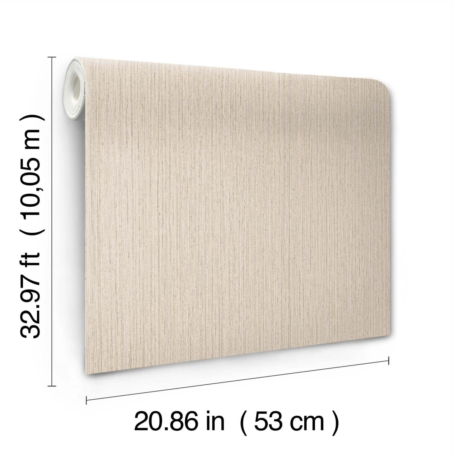 Beige wood-grain wallpaper roll, 10.05 m long by 53 cm wide, displayed as a wall panel.