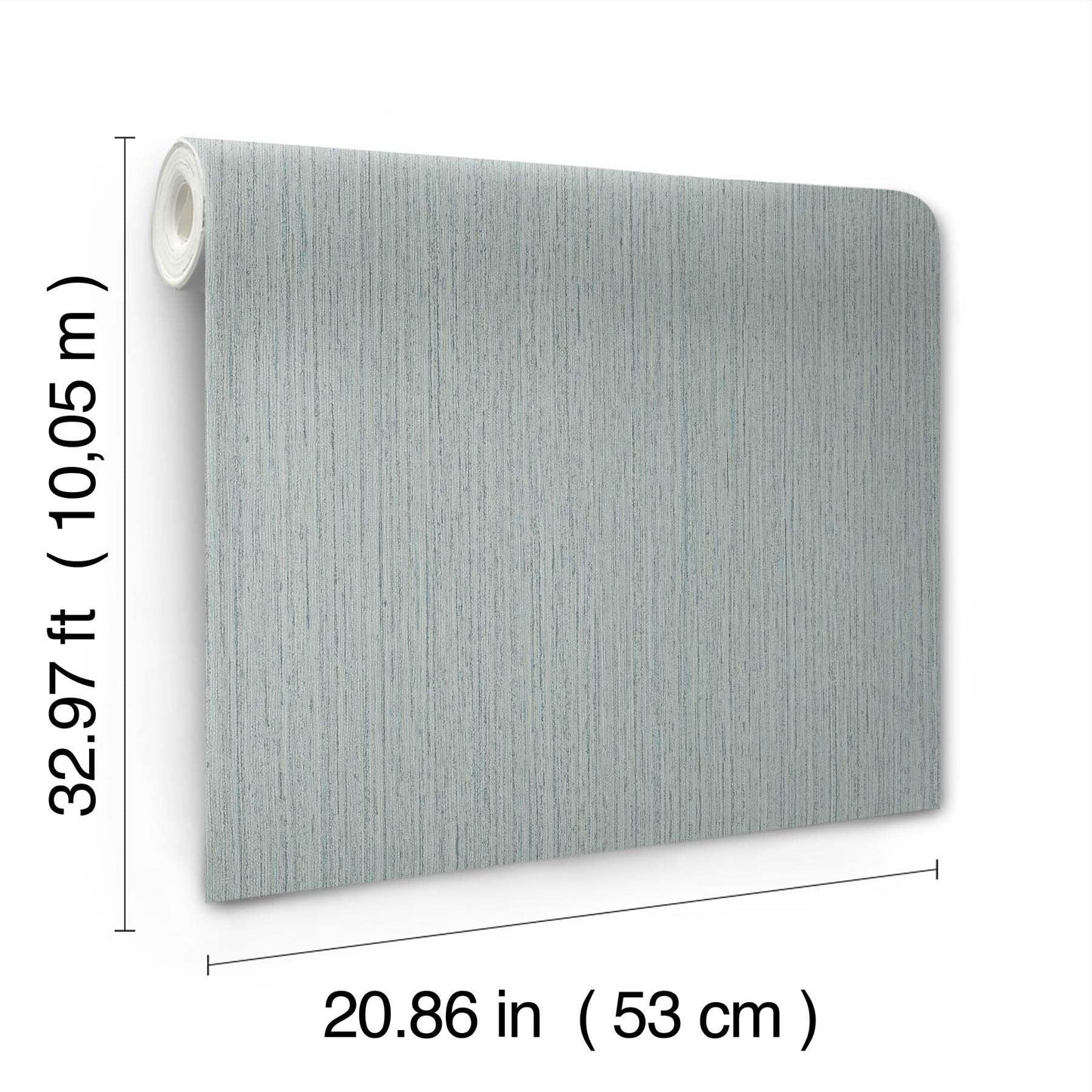 Light blue-gray wallpaper panel with subtle wood-grain texture; roll on left, size about 53 cm wide by 10.05 m long.