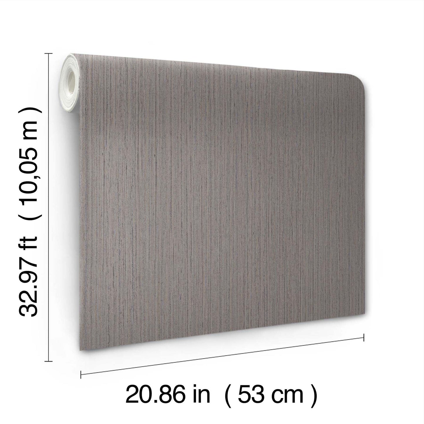 Grey wood grain wallpaper roll with rolled end, 53 cm wide by 10.05 m long.