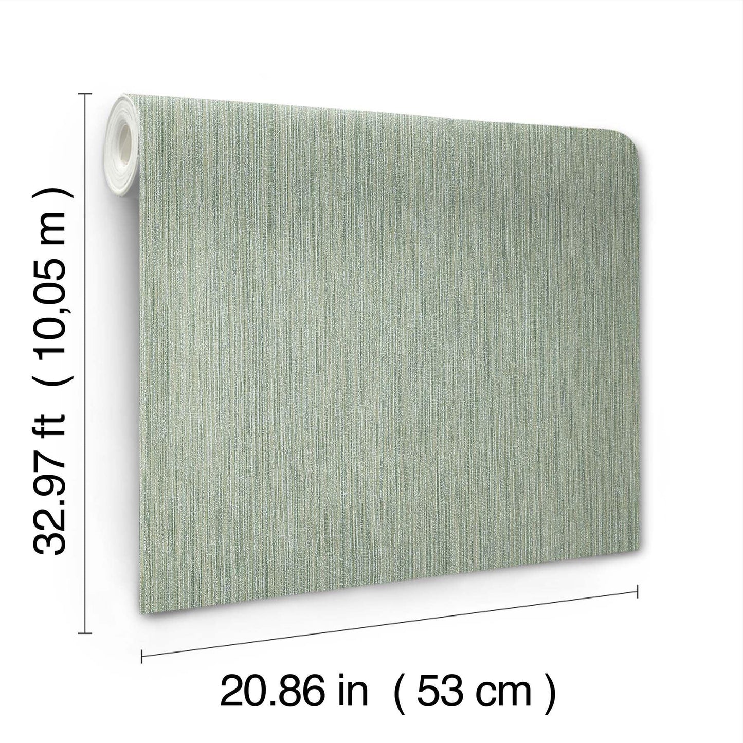 Mint-green textured wall panel on a roll with metallic vertical streaks; 53 cm wide by 10.05 m long.