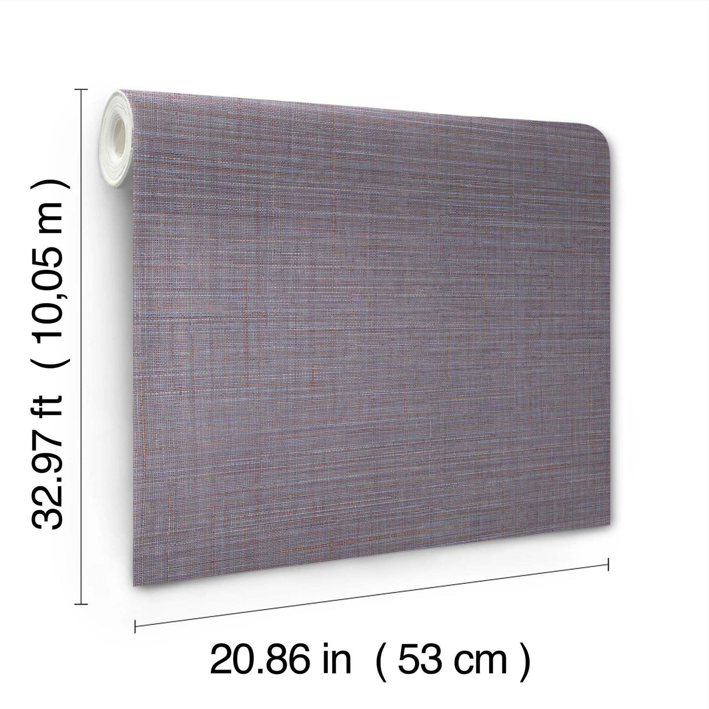 Wallpaper roll with lilac woven texture, 53 cm wide by 10.05 m long.