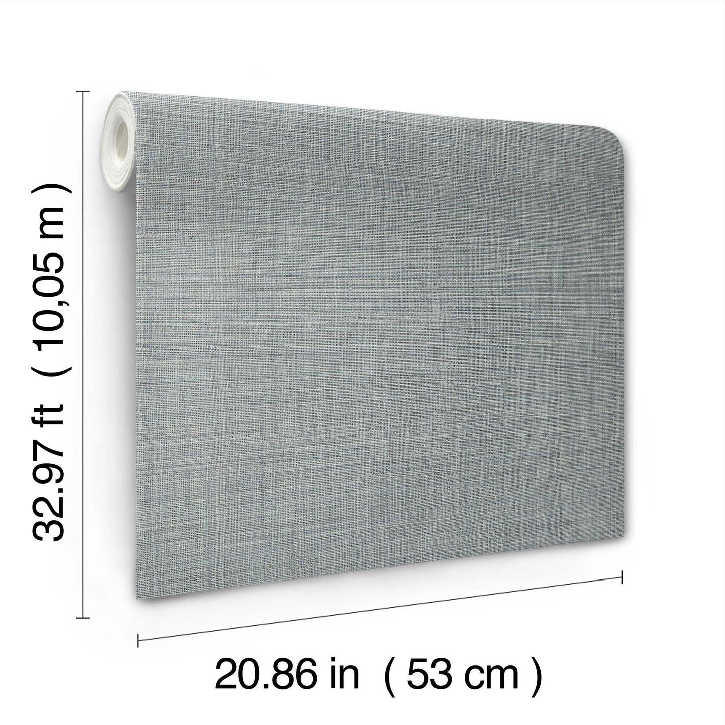 Grey-blue textured wallpaper roll with fabric-like weave; 53 cm wide, 10.05 m long.