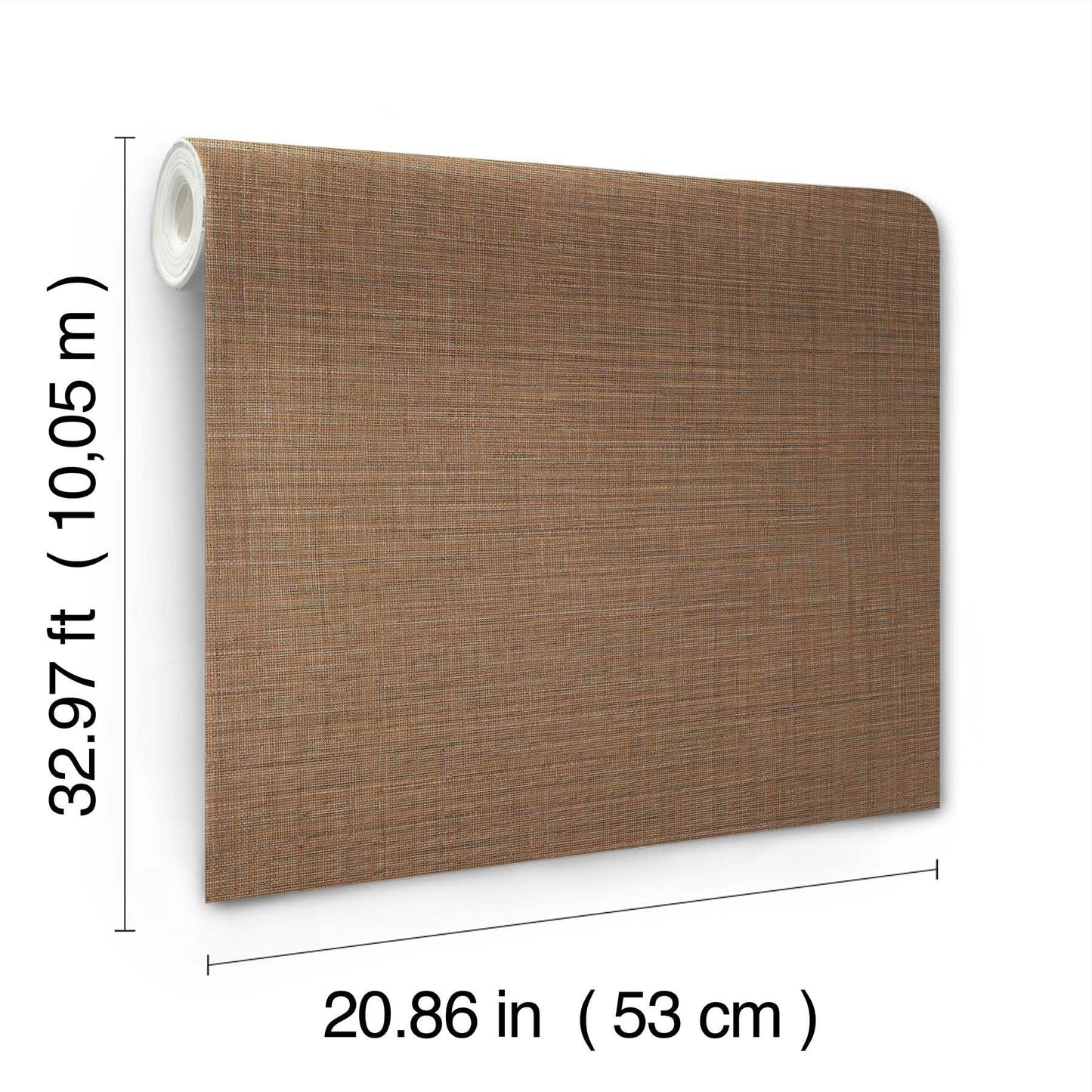 Brown woven-texture wallpaper roll with visible edge and inner core, 53 cm wide, long wall covering.