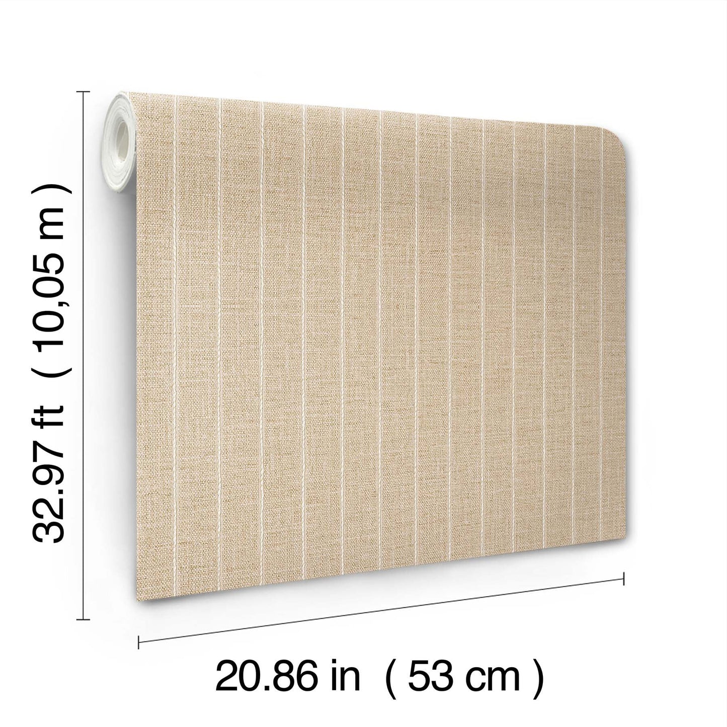 Beige wallpaper with white vertical stripes, rolled edge on the left, 53 cm wide and about 10 m long.