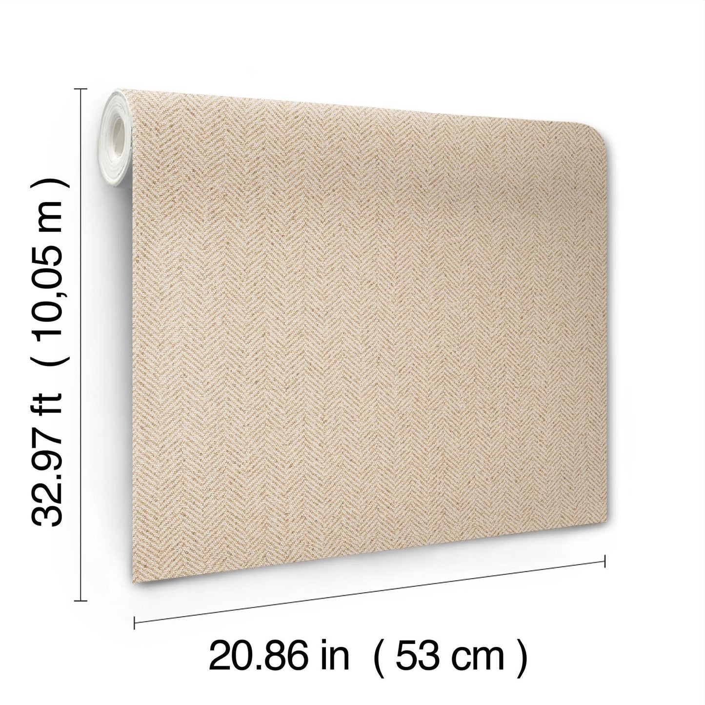 Beige chevron wallpaper panel with rolled edge on the left; 53 cm wide by 10.05 m long.