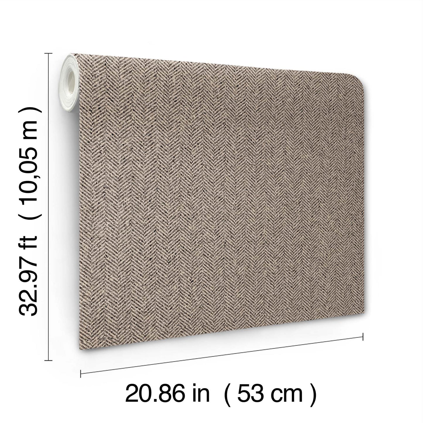 Beige latte chevron wallpaper roll with rolled edge, 53 cm wide by 10.05 m long.