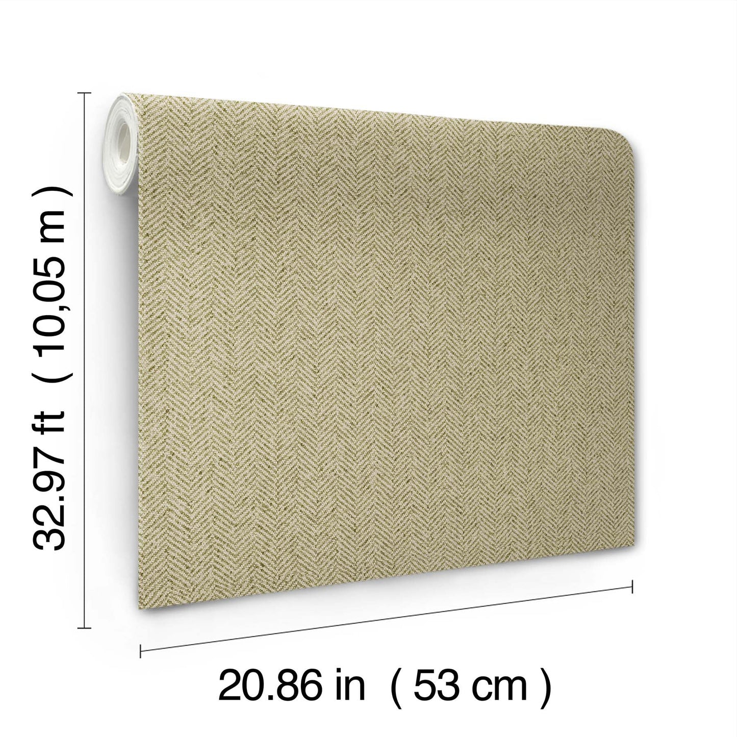 Green chevron wallpaper on a roll with a tailored weave, 53 cm wide and 10.05 m long.