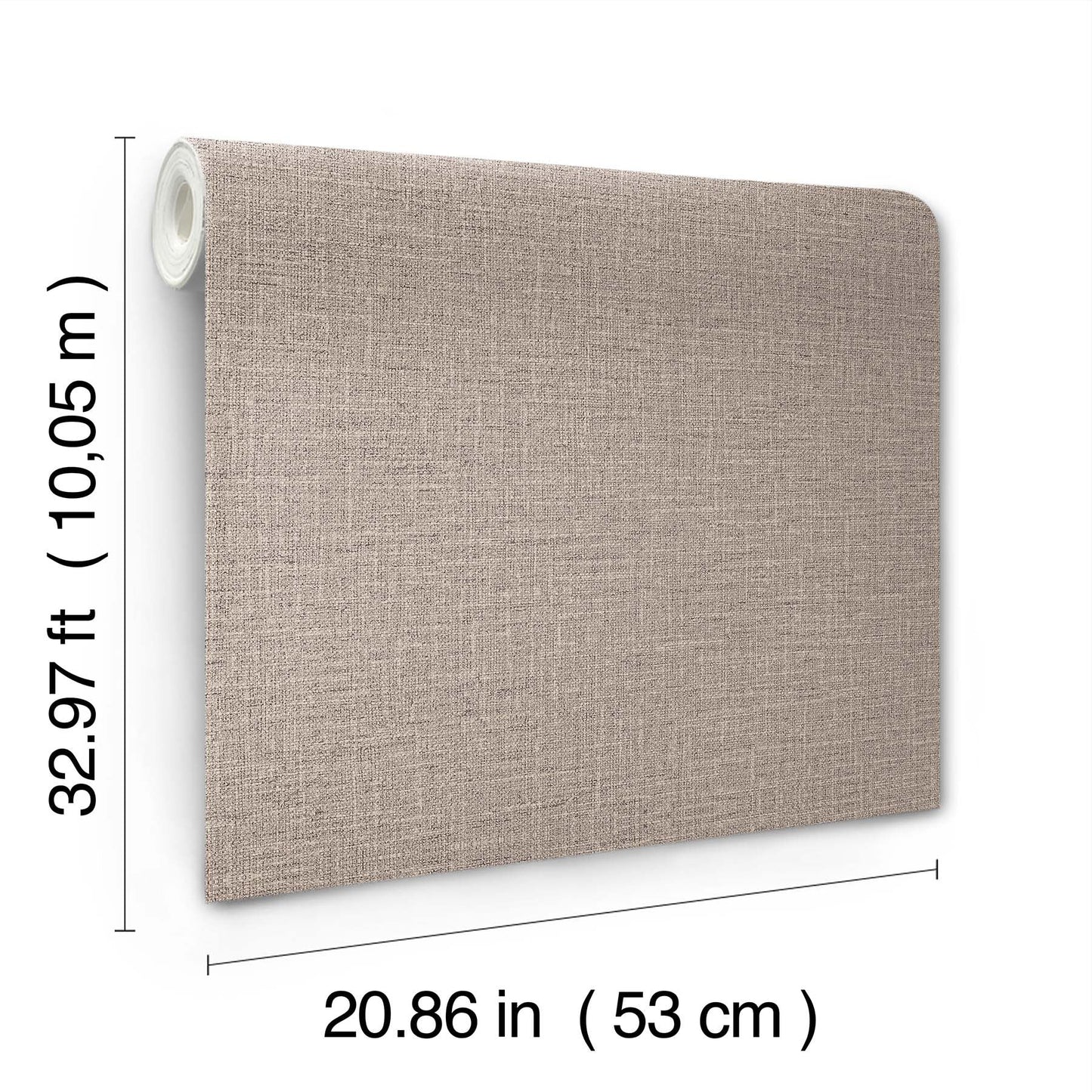 Beige linen-textured wallpaper panel with roll on left; 53 cm wide and 10.05 m long.