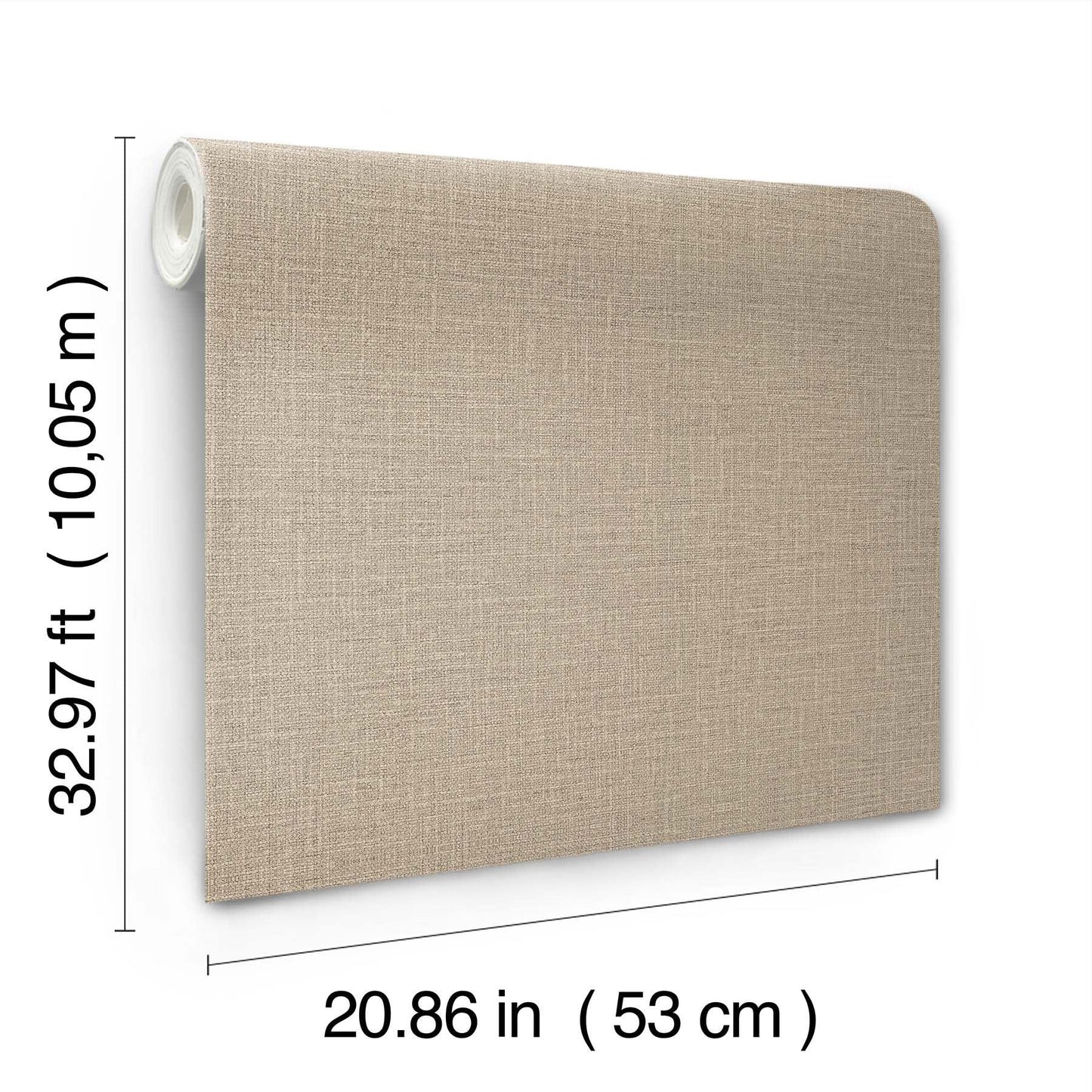 Beige linen-textured wallpaper roll with unrolled panel; dimensions 20.86 in by 32.97 ft.