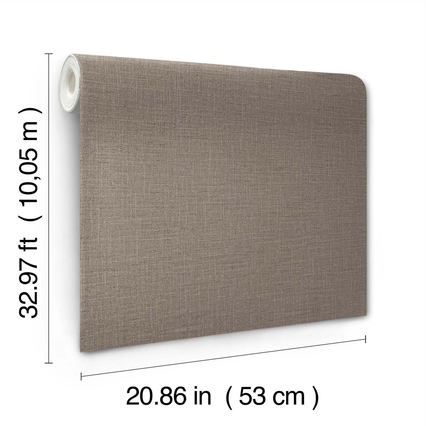 Taupe loom-weave mushroom wallpaper roll, 53 cm wide by 10.05 m long, with a rolled left edge.
