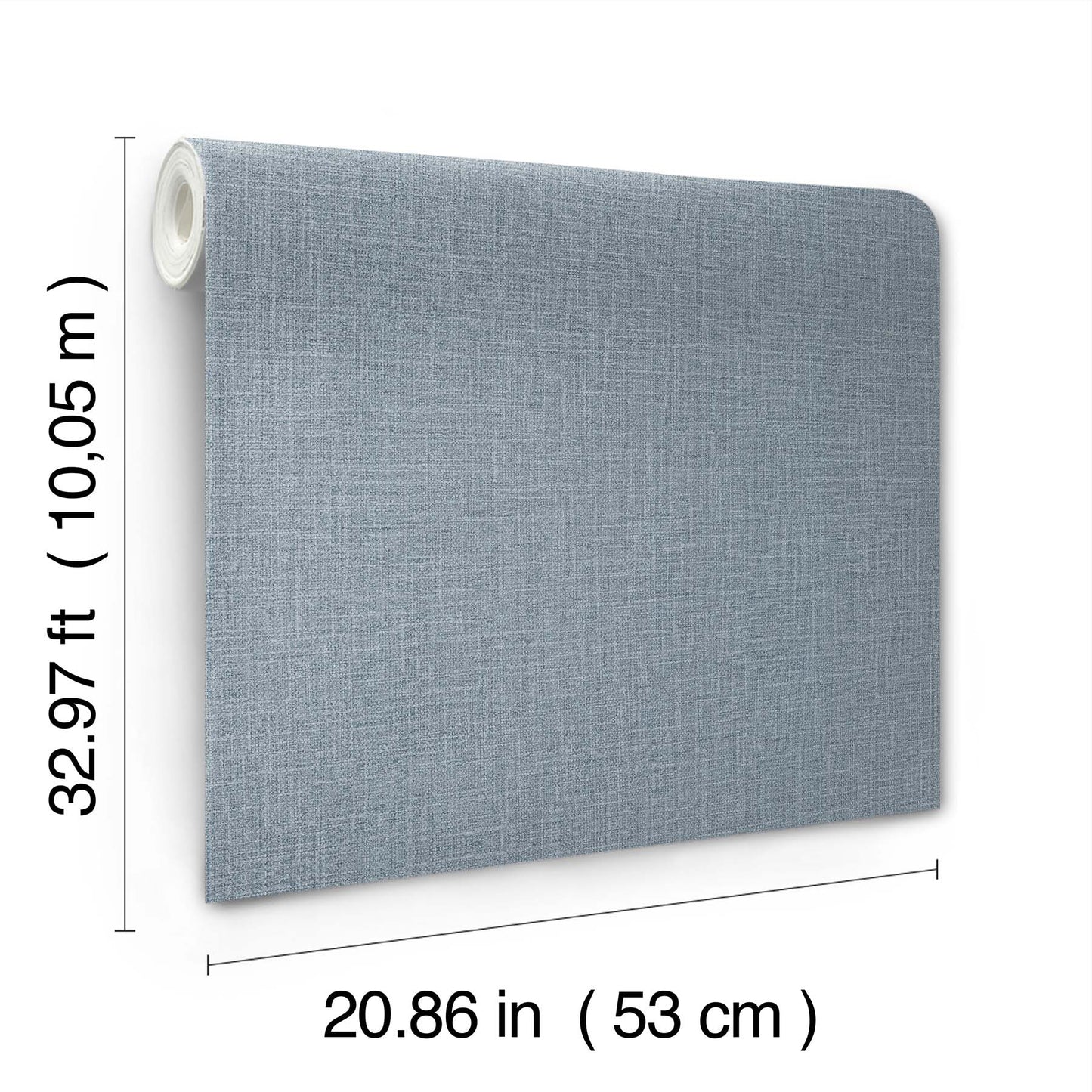 Blue-gray linen-textured wallpaper roll on panel; 53 cm wide, 10.05 m long.