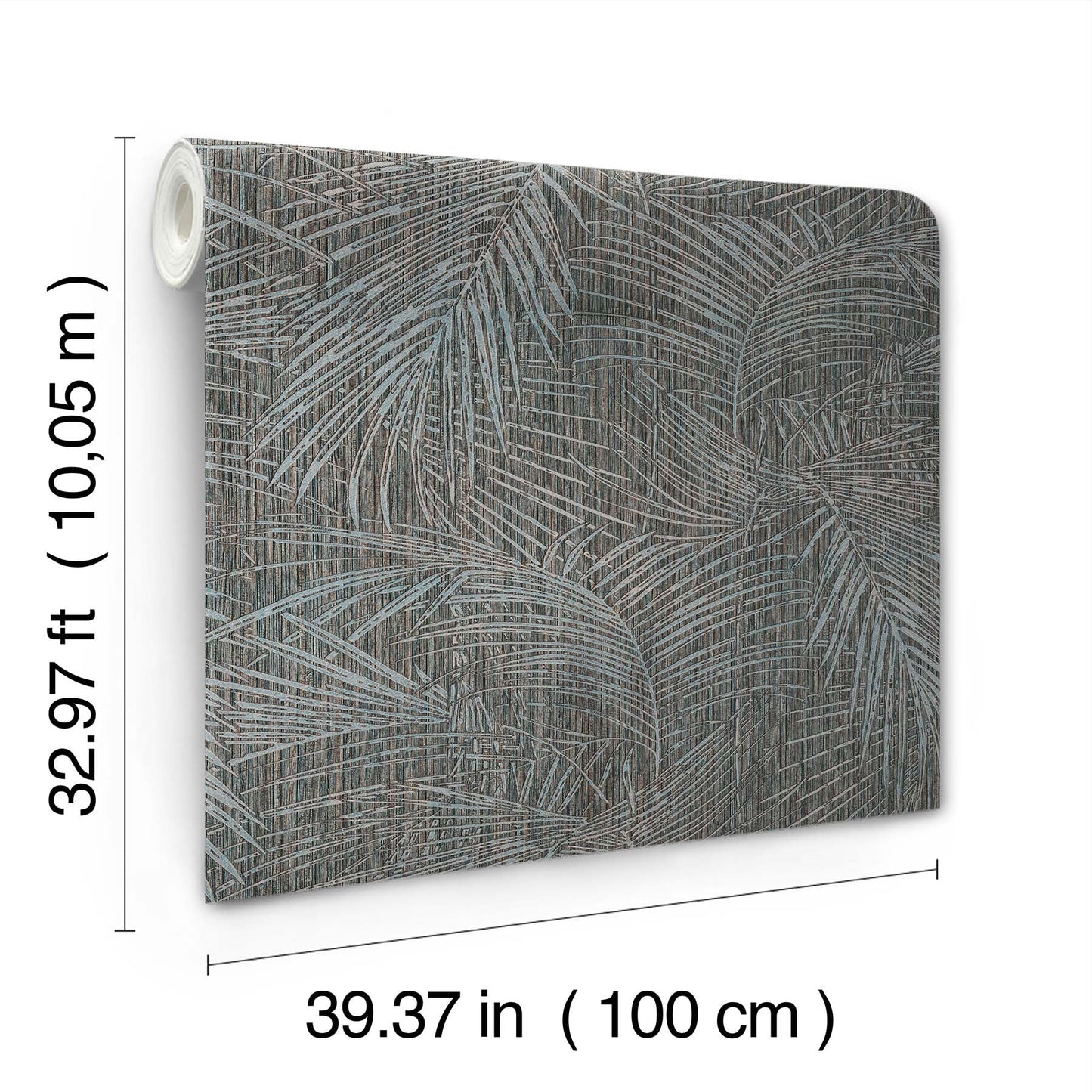 Blue-gray palm leaf patterned wallpaper roll, 39.37 in wide by 32.97 ft long.