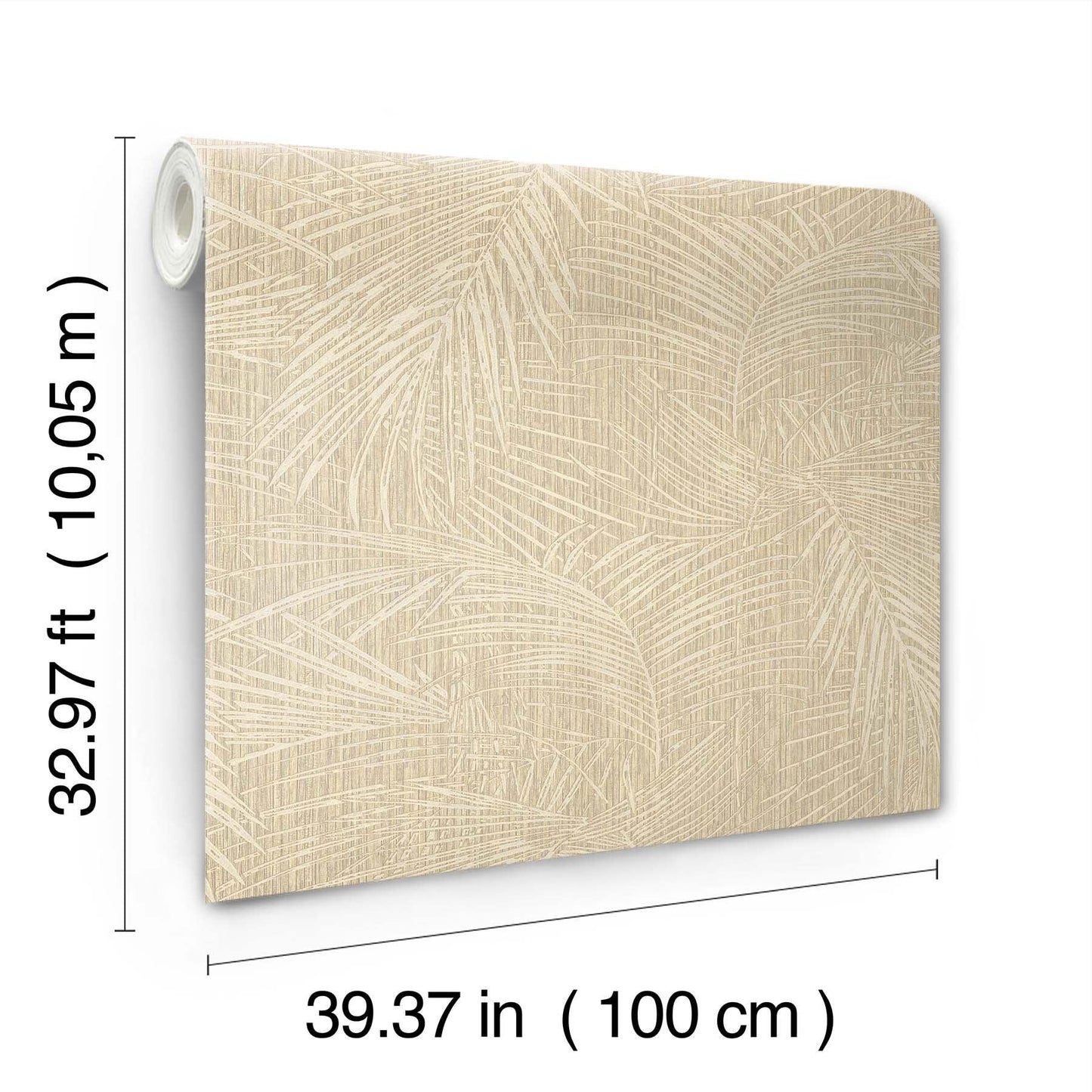Beige palm-leaf textured wallpaper panel with roll on left; tropical pattern, 100 cm wide by 10 m long.