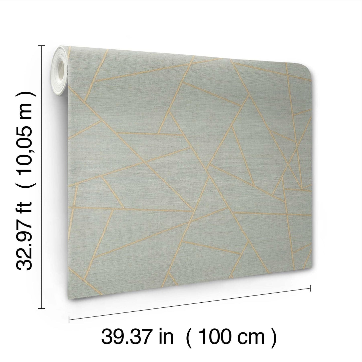 Geometric gold lines on pale blue-gray wallpaper panel with rolled edge for modern wall decor.