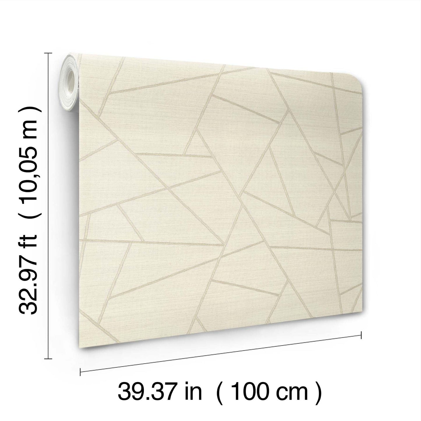 Beige wallpaper sheet with abstract geometric lines and linen texture; rounded corners, rolled roll on the left.