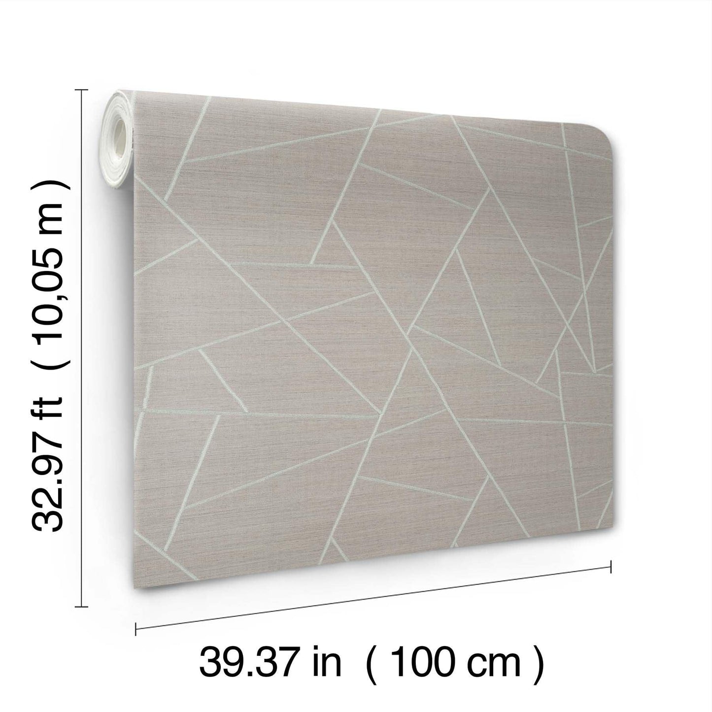 Beige fabric canvas with rounded corners and white geometric lines forming polygonal shapes; rolled edge, modern wall art.