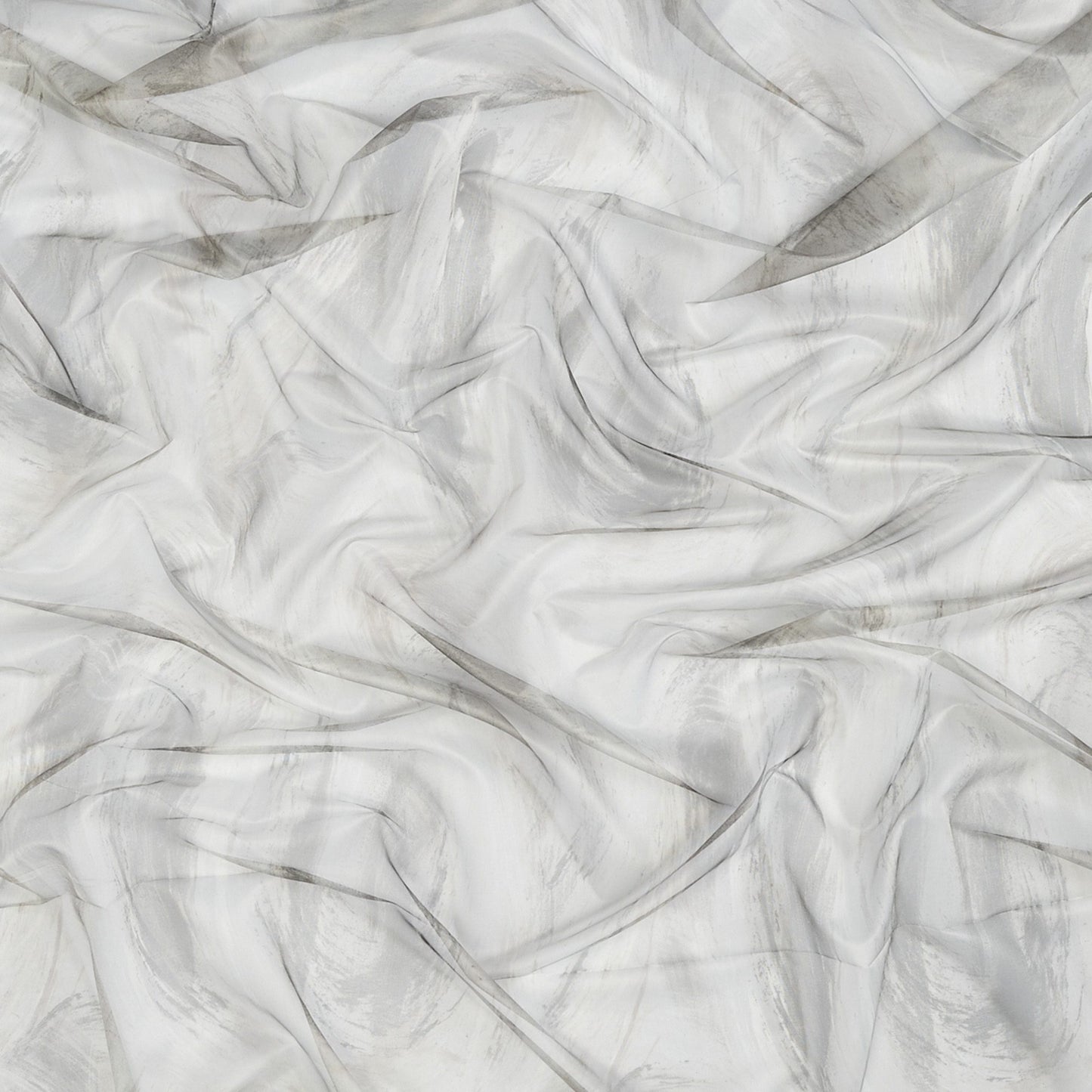 Sheer fabric in abstract green and sage tones, wide width, with a soft, flowing drape.