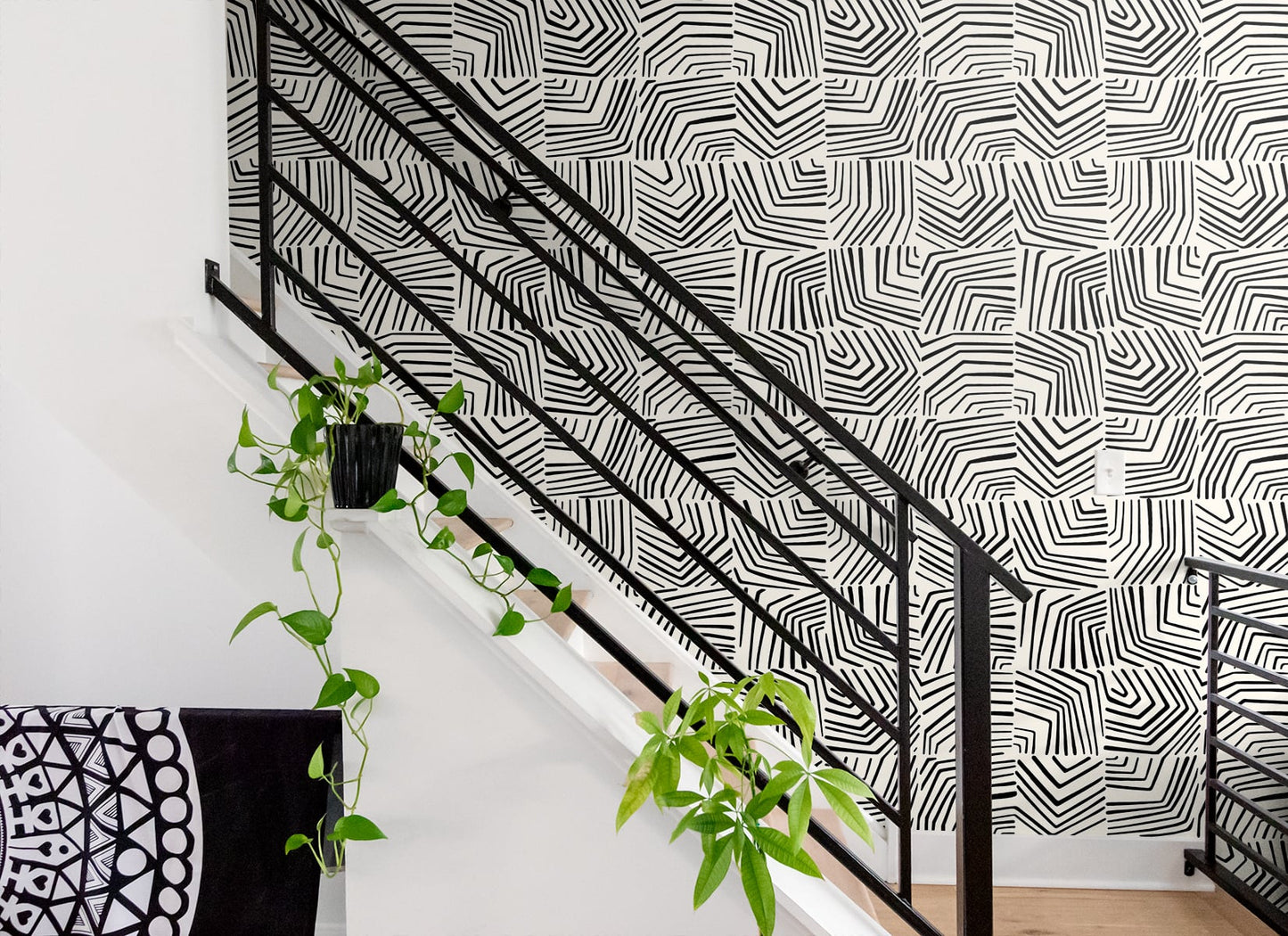 Linework maze geometric design in black on a white background; contemporary wall art with a black matte finish.