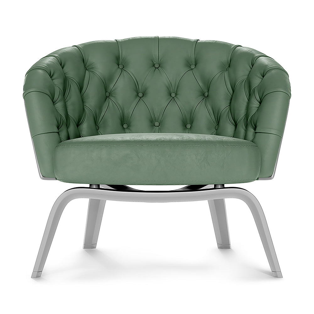 Green solid fabric-upholstered accent chair with button back and curved chrome metal legs.
