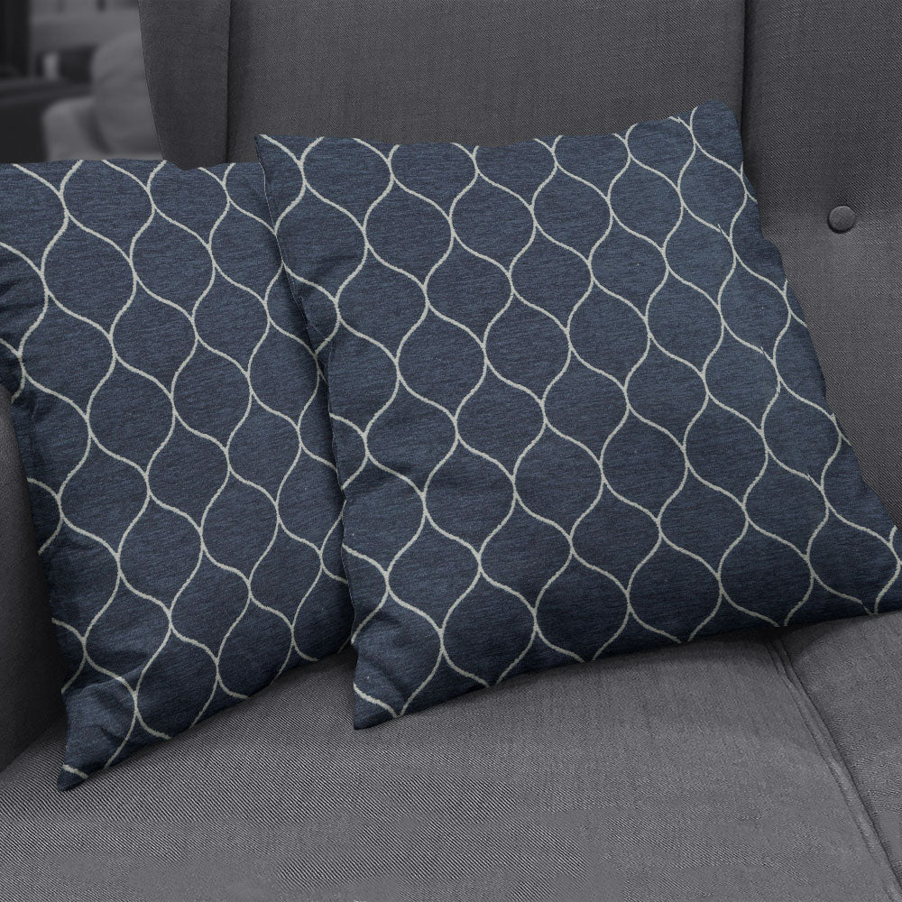 Navy blue fabric with a light gray geometric lattice pattern.