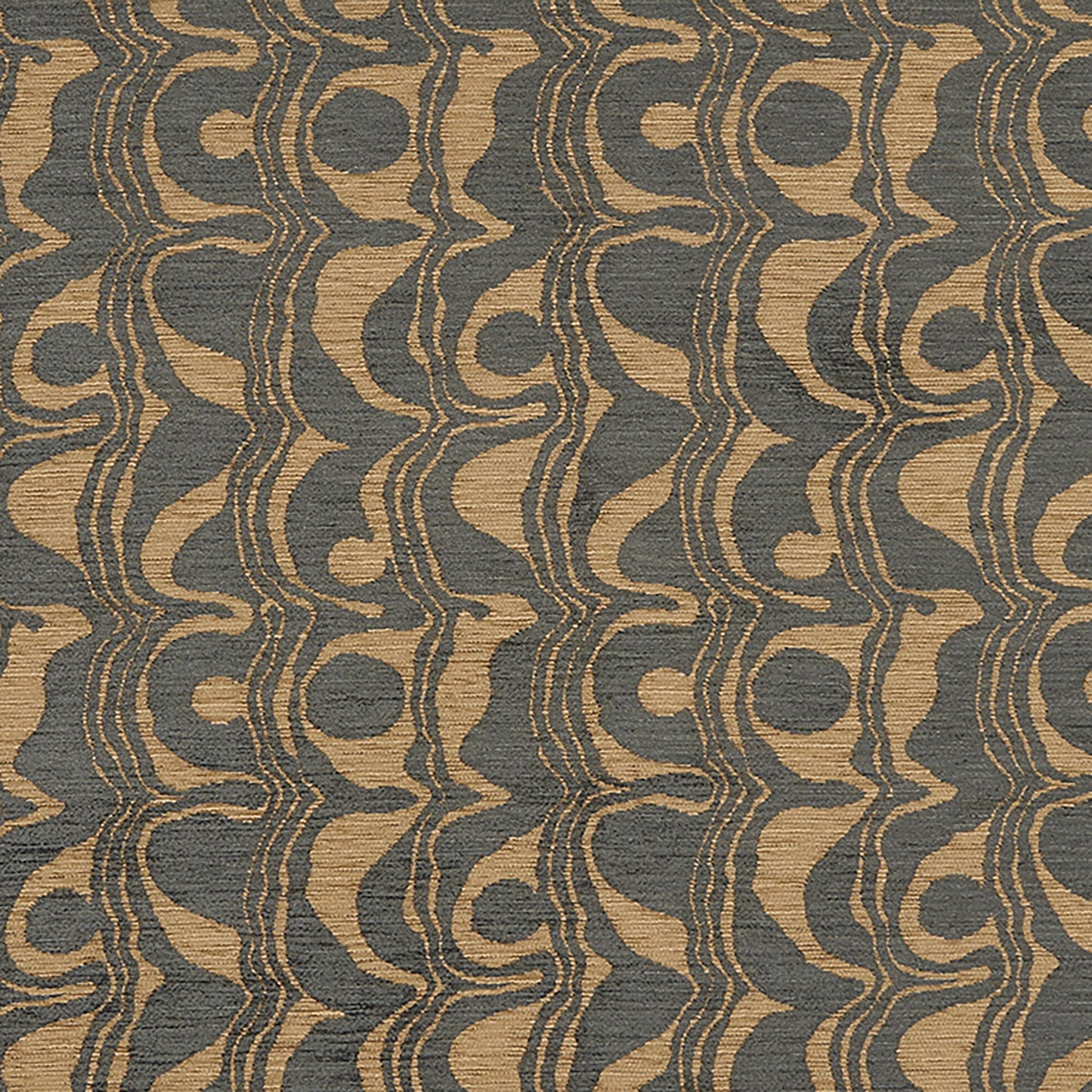 Charcoal gray and beige swirling damask-like upholstery fabric with abstract curved motifs