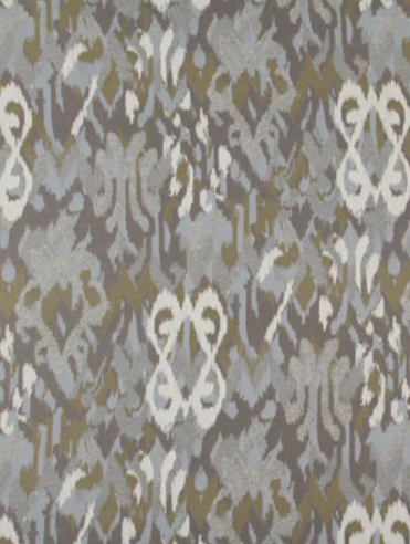 Muted gray, taupe and white Ikat-style upholstery fabric with a repeating woven pattern.