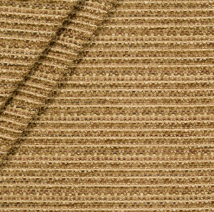 Beige-brown striped woven tweed upholstery fabric with a textured surface.