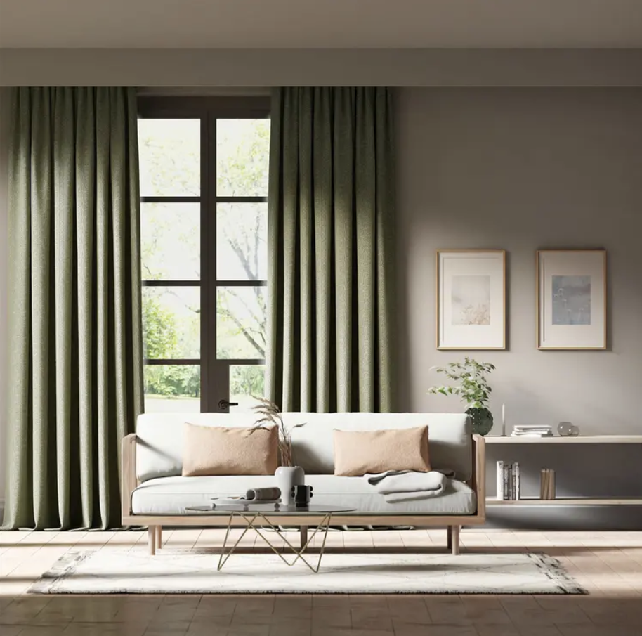 Harlequin Khorol Sage / Shiitake fabric (HQN3133905) from the Colour 3 line, showing its subtle linen‑texture weave, tonal sage and mushroom stitching, and soft drape — perfect for curtains, cushions, upholstery, and designer interiors.