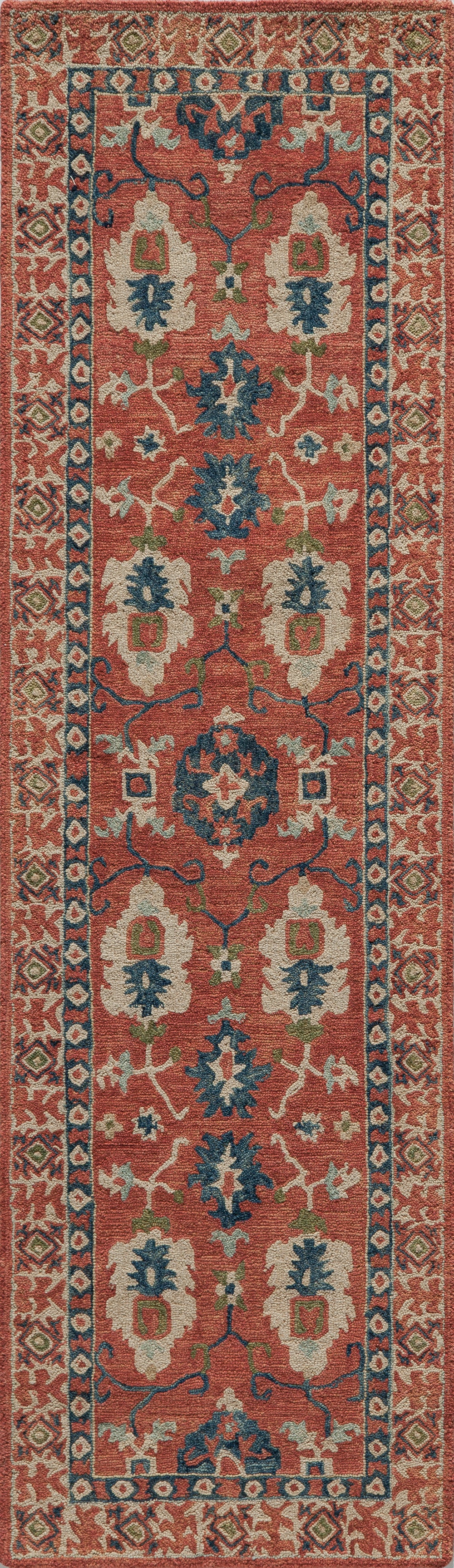 Persian-style oriental runner rug, red field with blue and ivory floral motifs and a geometric border, long narrow.