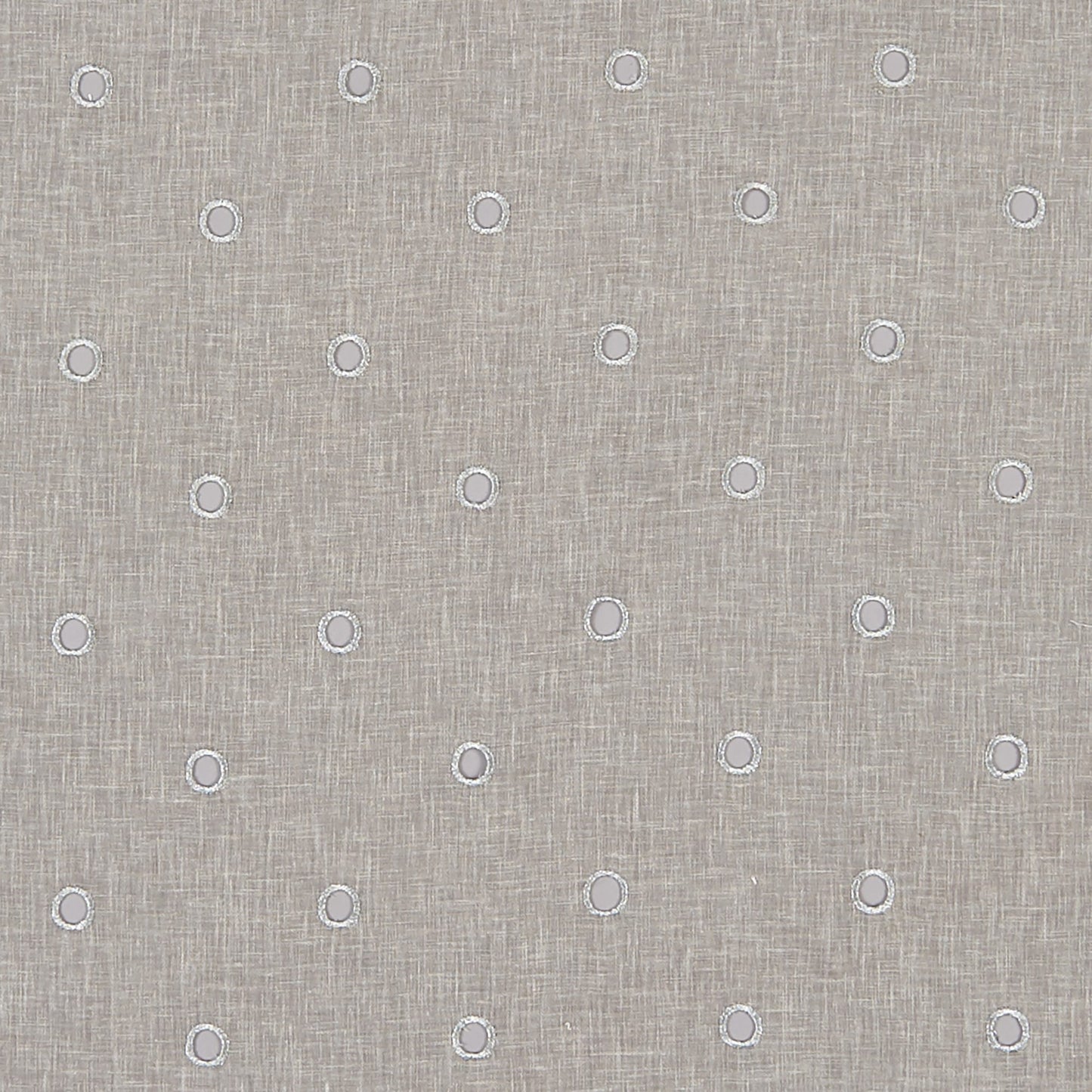 Beige linen-textured fabric with evenly spaced metallic grey embroidery in a dot and geometric pattern.