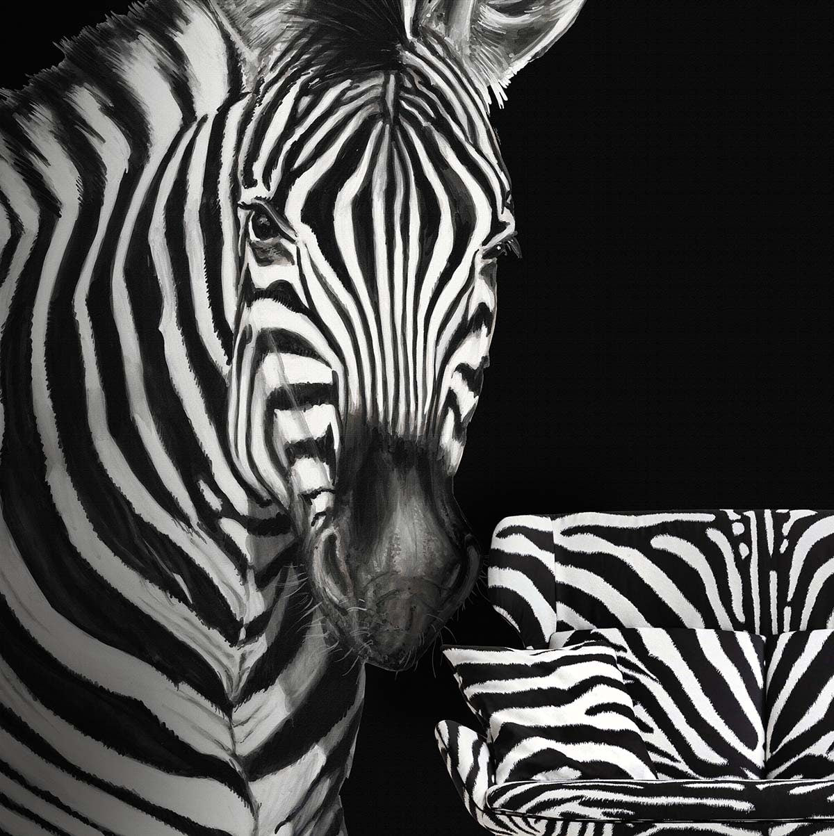 Close-up of a zebra's head beside a zebra-patterned cushion in black and white, bold animal print home decor.