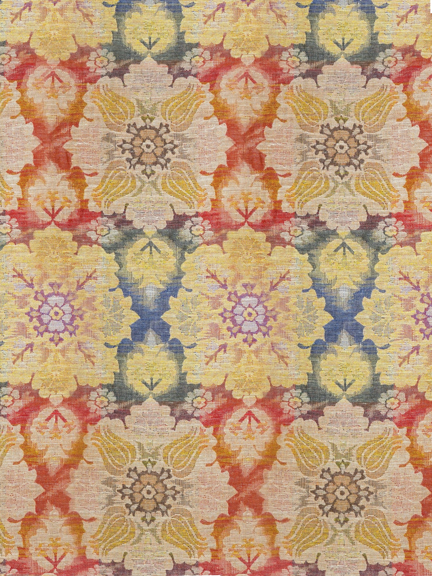 Colorful repeating floral mandala pattern in yellows, pinks, blues on a textured textile.
