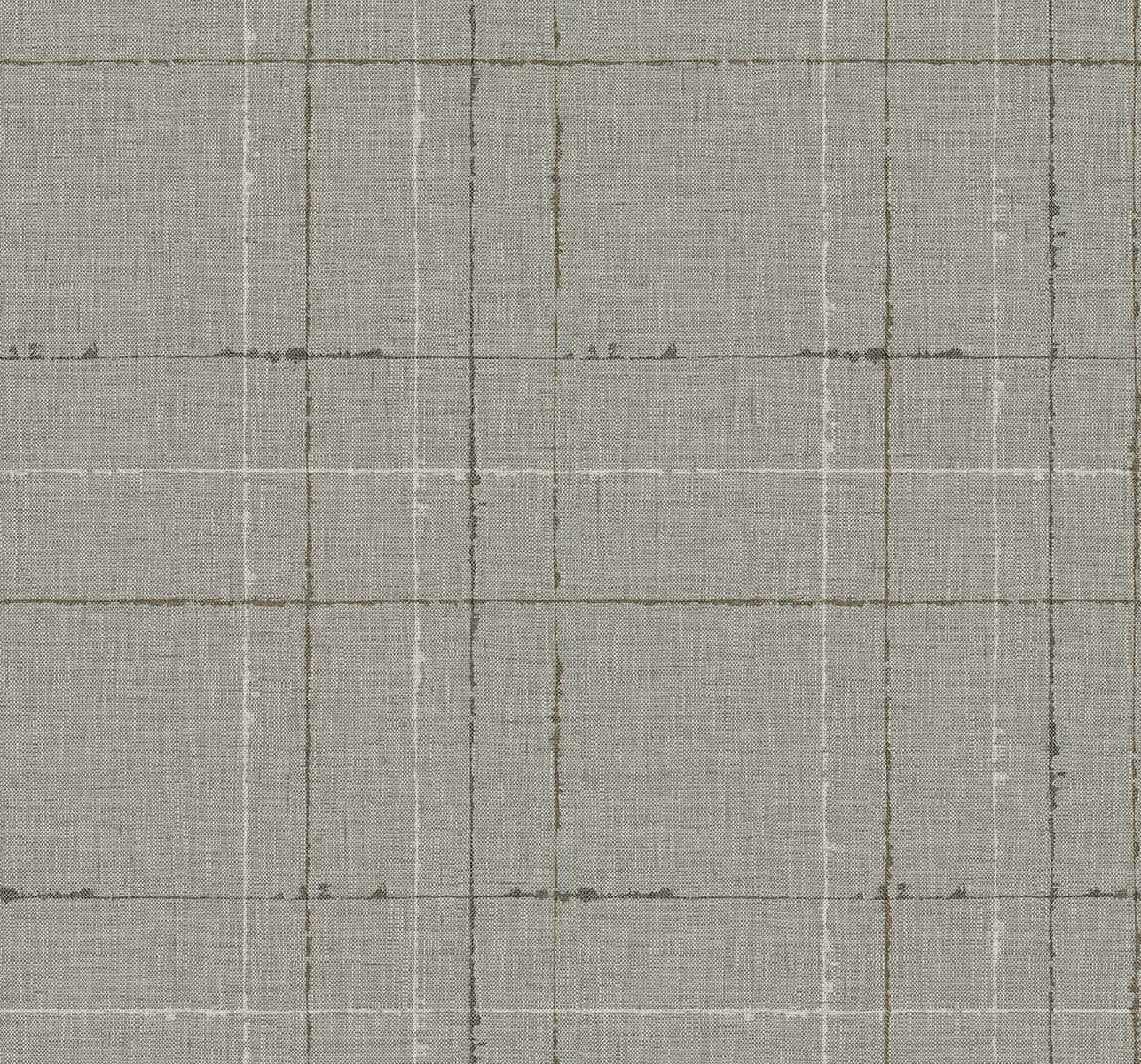 Gray linen-look fabric with white plaid grid; textured woven upholstery/drapery material.