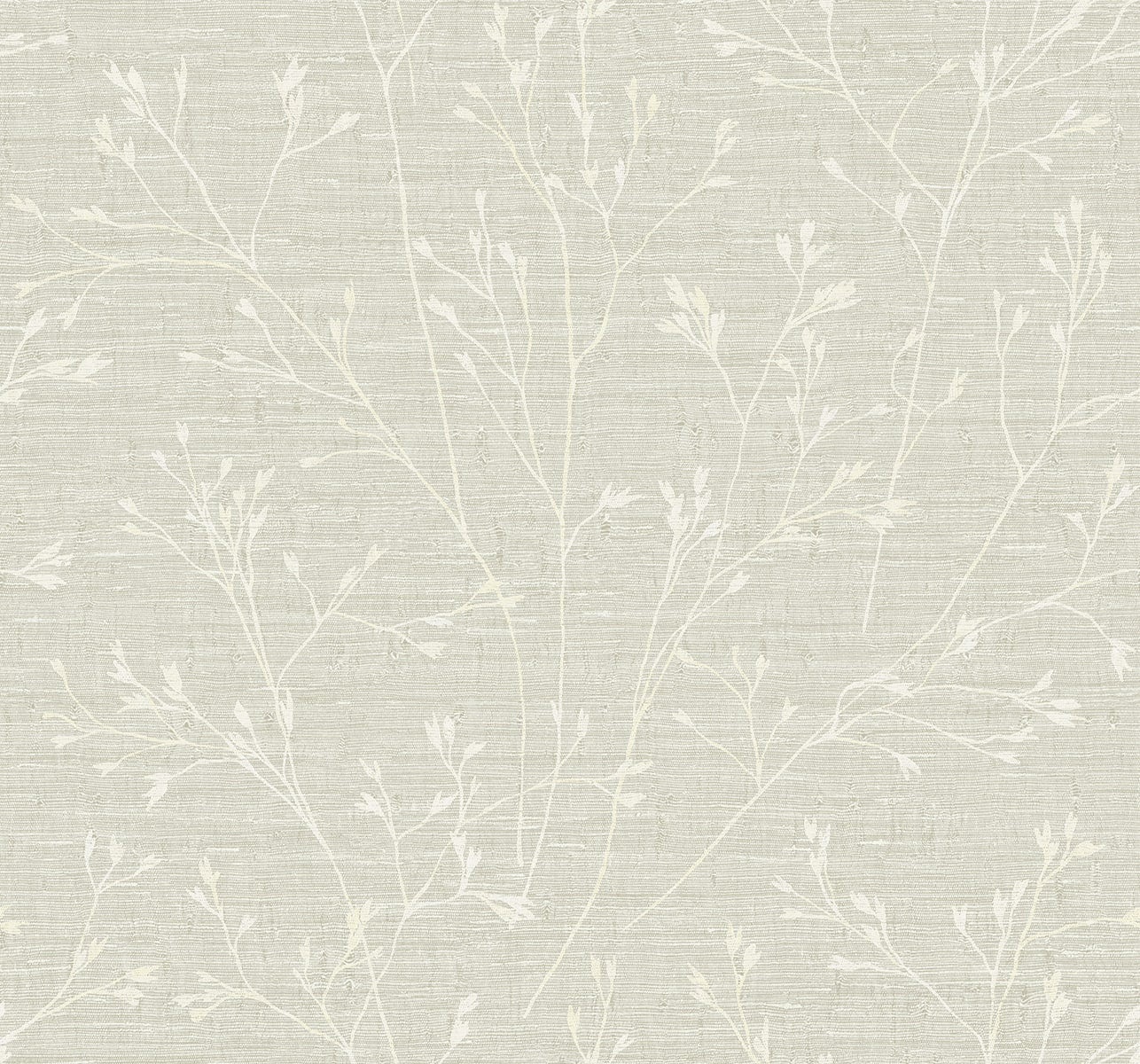 Beige linen texture with white delicate botanical branches pattern, decorative fabric.