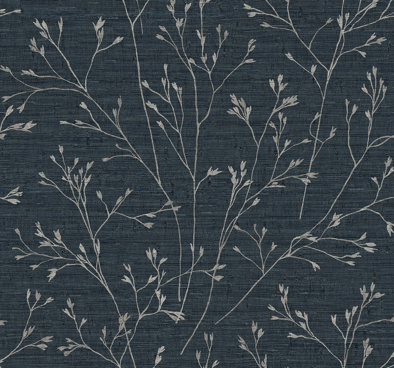 Dark navy textile with light gray botanical branch pattern; linen-like weave, suitable for upholstery or drapery.