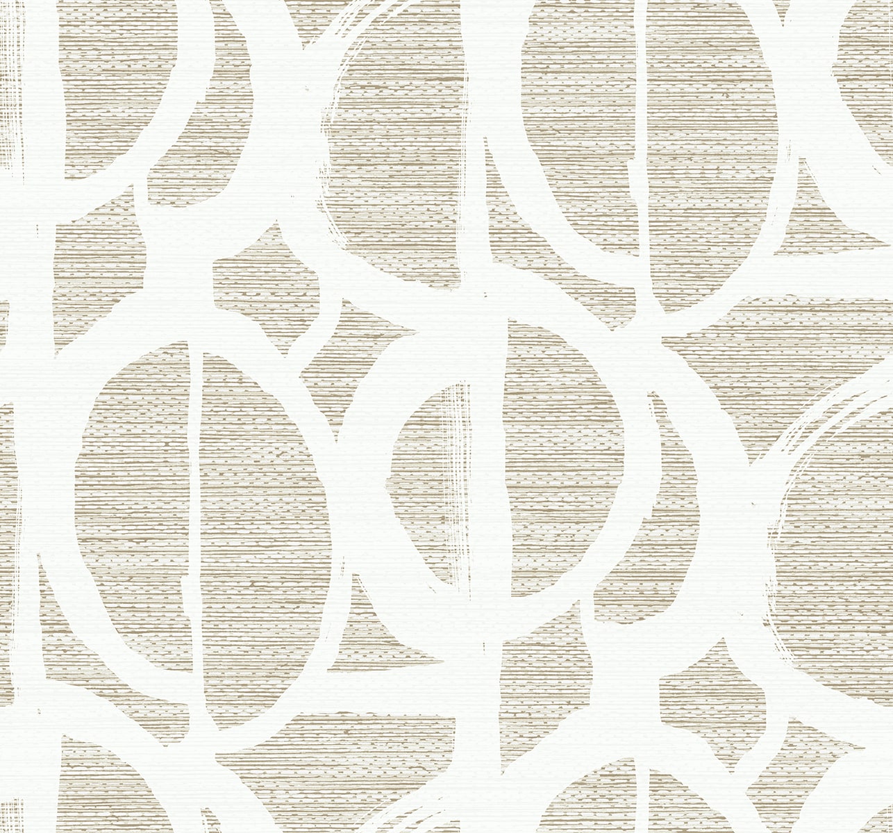 Beige woven rug with a bold white interlocking circular lattice pattern; neutral geometric decor.